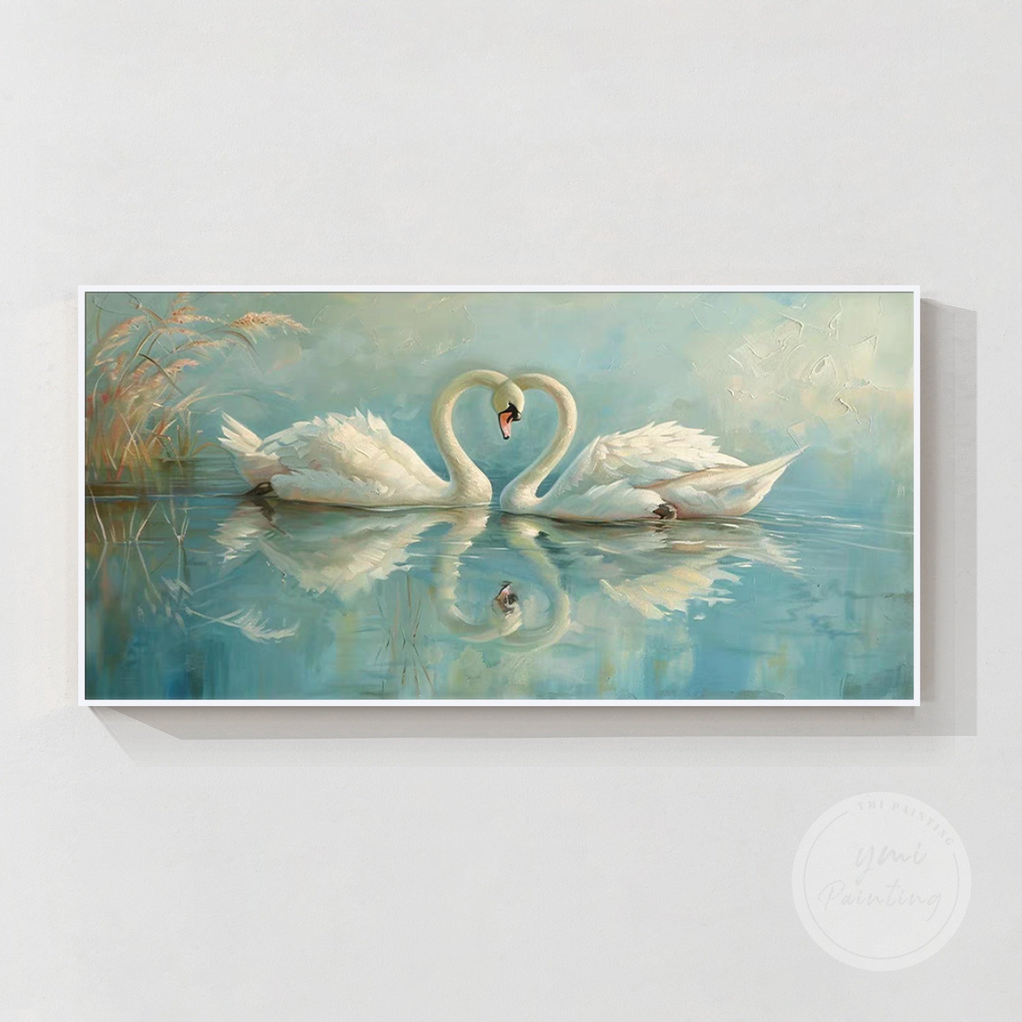 Captivating swan art featuring a pair of swans on a tranquil blue lake, perfect for a romantic setting.