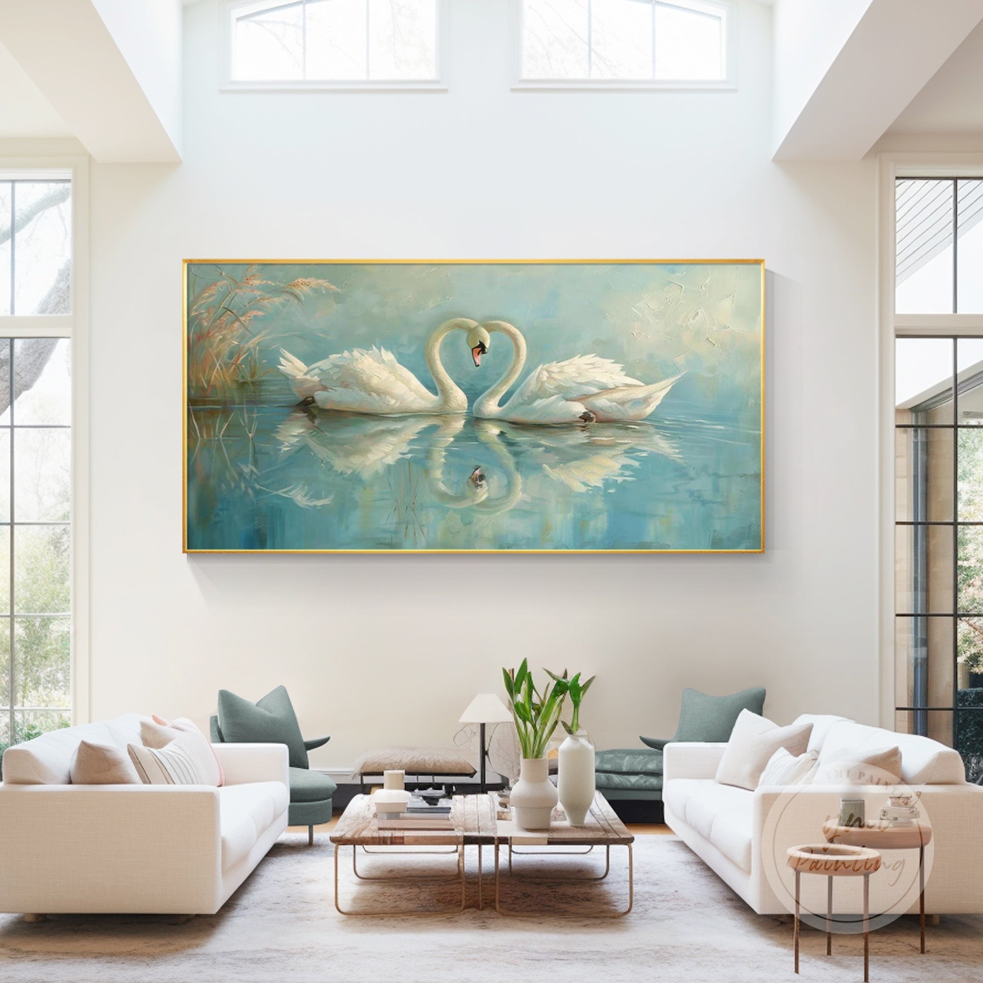 Romantic swan art, featuring a pair of swans in a peaceful lake setting, ideal for a serene atmosphere.