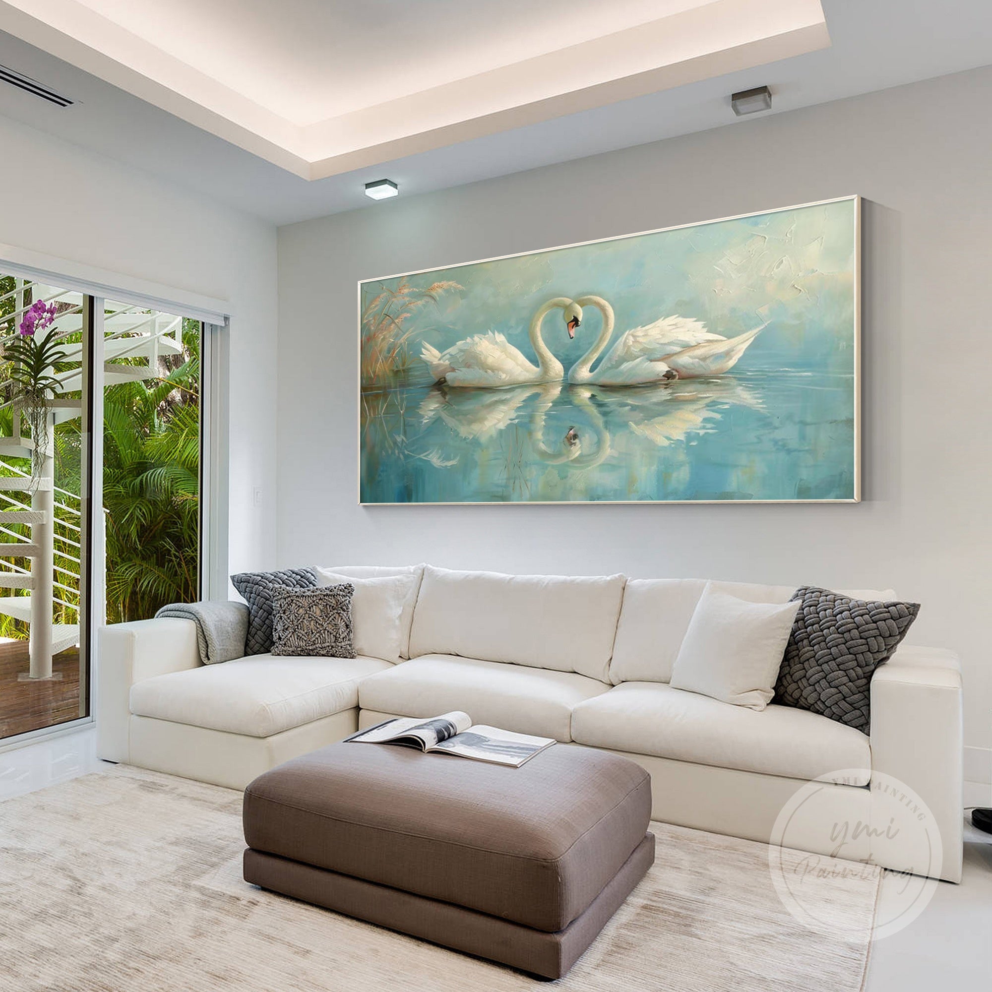 Elegant swan painting with soft blue lake tones, bringing love and tranquility to any room.