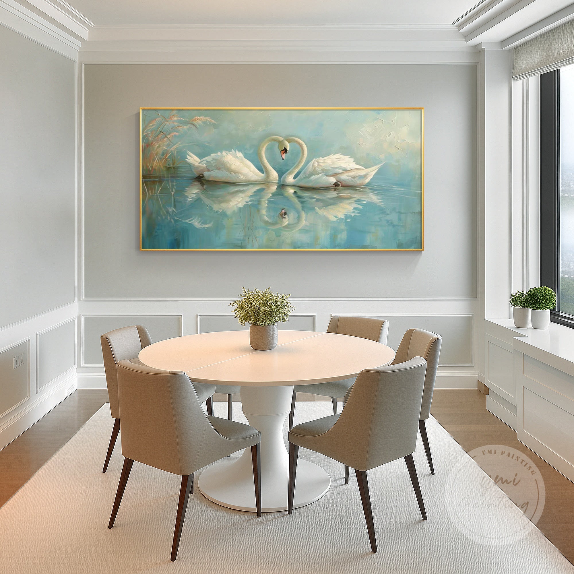 Large romantic wall art of a swan pair, perfect for enhancing your living room or bedroom.