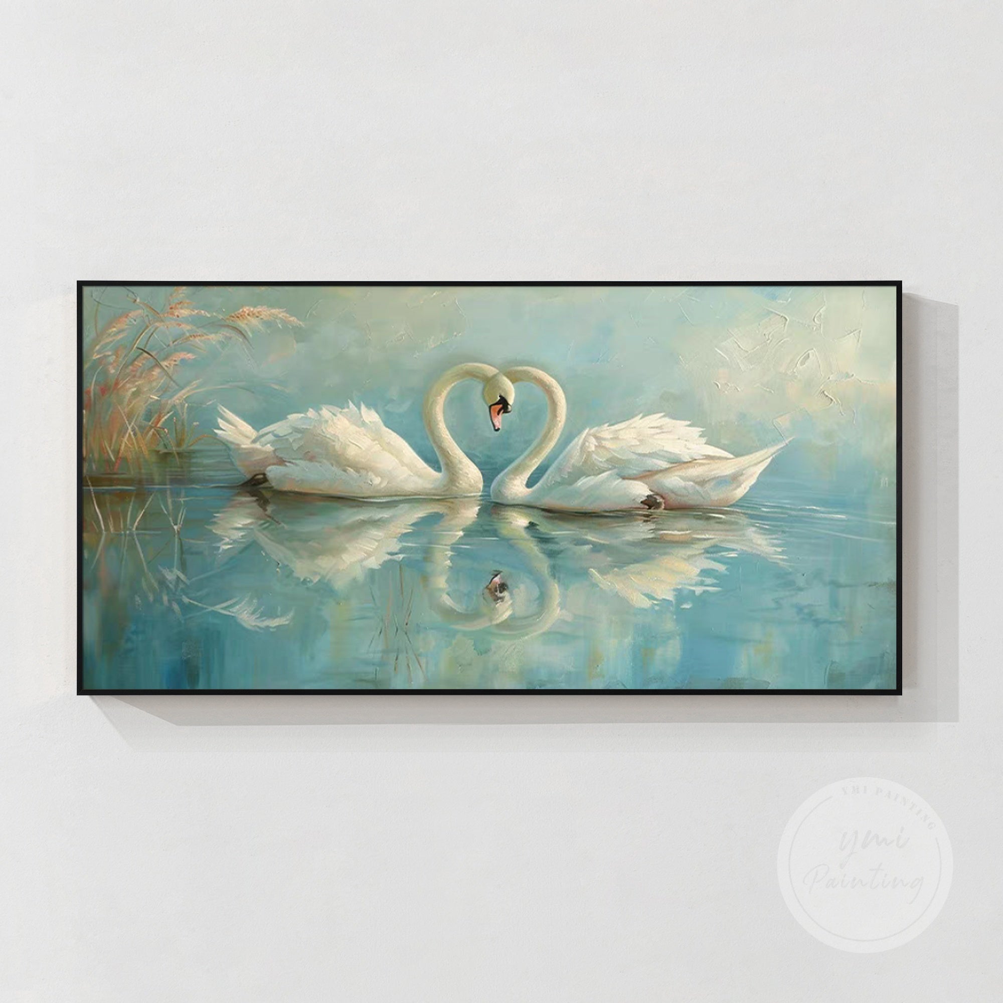 Swan painting featuring a loving pair of swans, set against the backdrop of a tranquil blue lake.