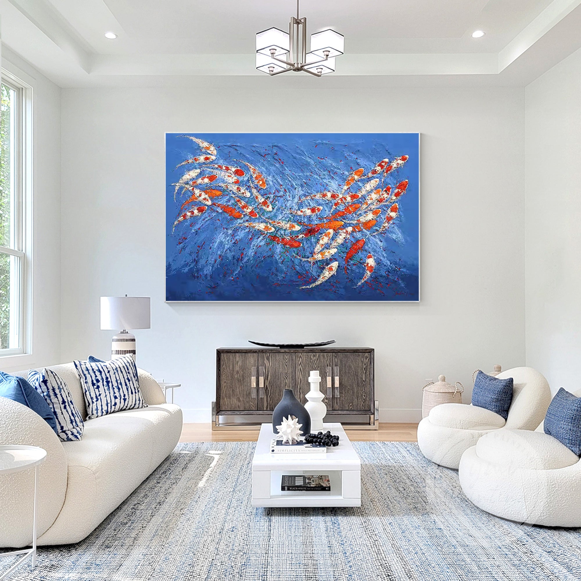 Vibrant koi fish painting with blue and red accents