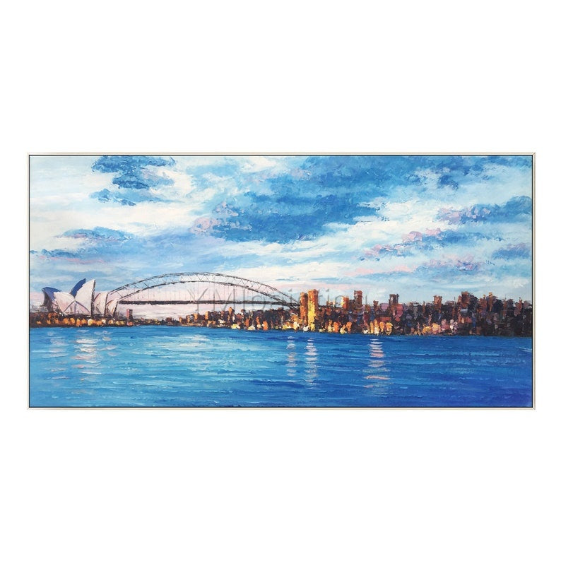 Sydney skyline oil painting, large canvas with rich texture and expressive palette knife technique.