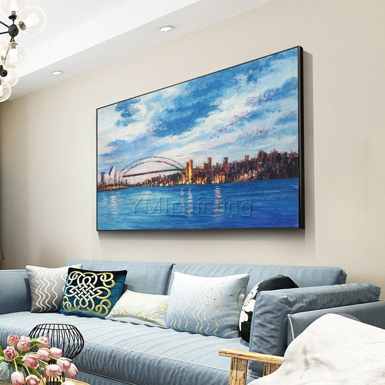 Original Sydney skyline art, large abstract cityscape oil painting with expressive palette knife texture.