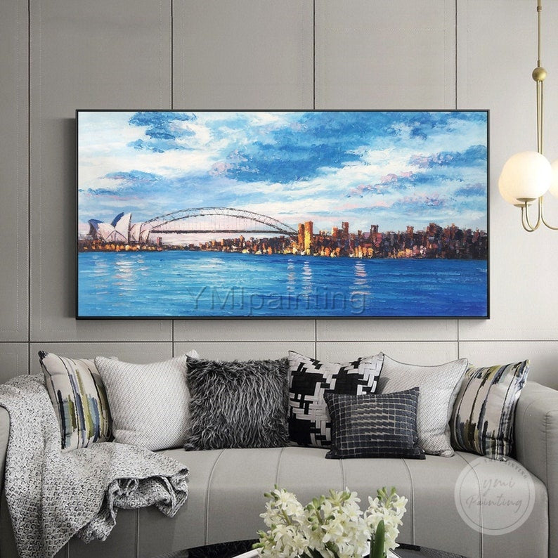 Large Sydney cityscape oil painting, abstract design with textured palette knife strokes for dramatic effect.