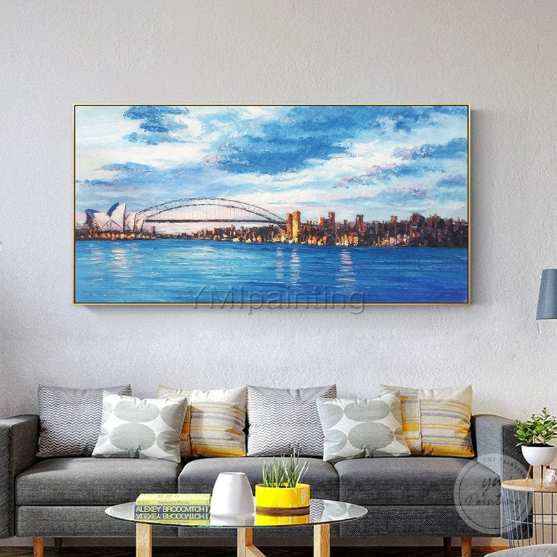 Hand-painted abstract Sydney cityscape, textured with palette knife technique on large canvas.