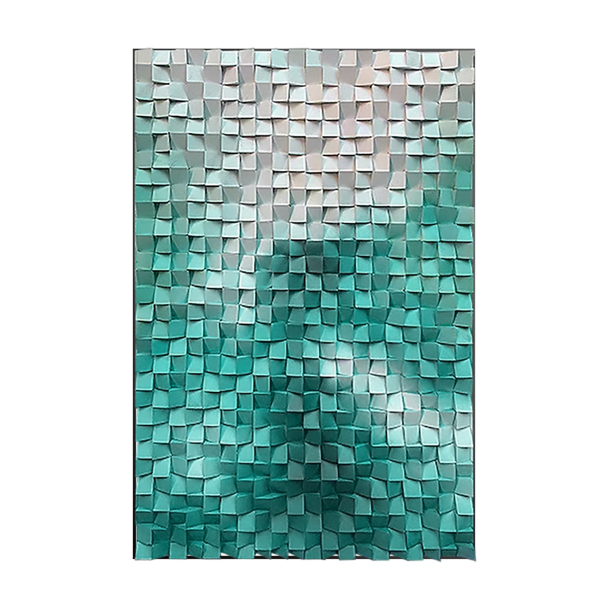 Elegant geometric hanging painting art with teal and gray tones arranged in an ombre pattern, ideal for adding a sophisticated touch to contemporary bedroom interiors.