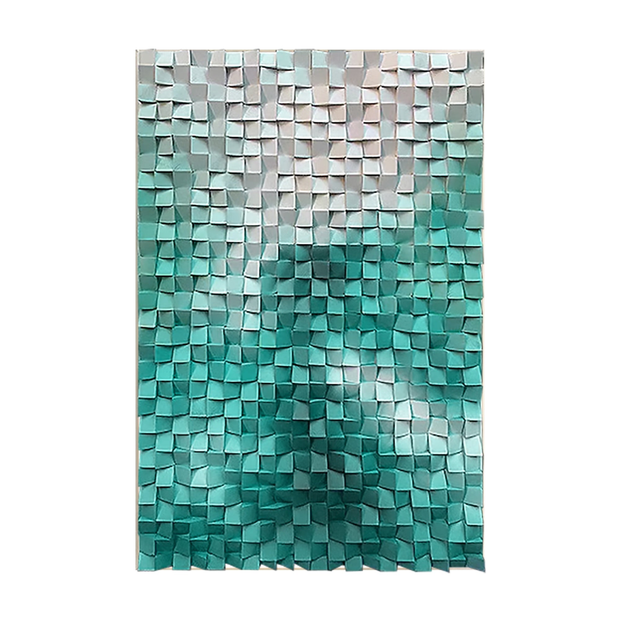 This abstract painting features a gradient of teal and gray squares, adding depth and texture to modern living rooms. Perfect for contemporary decor with a sleek, minimalist vibe.