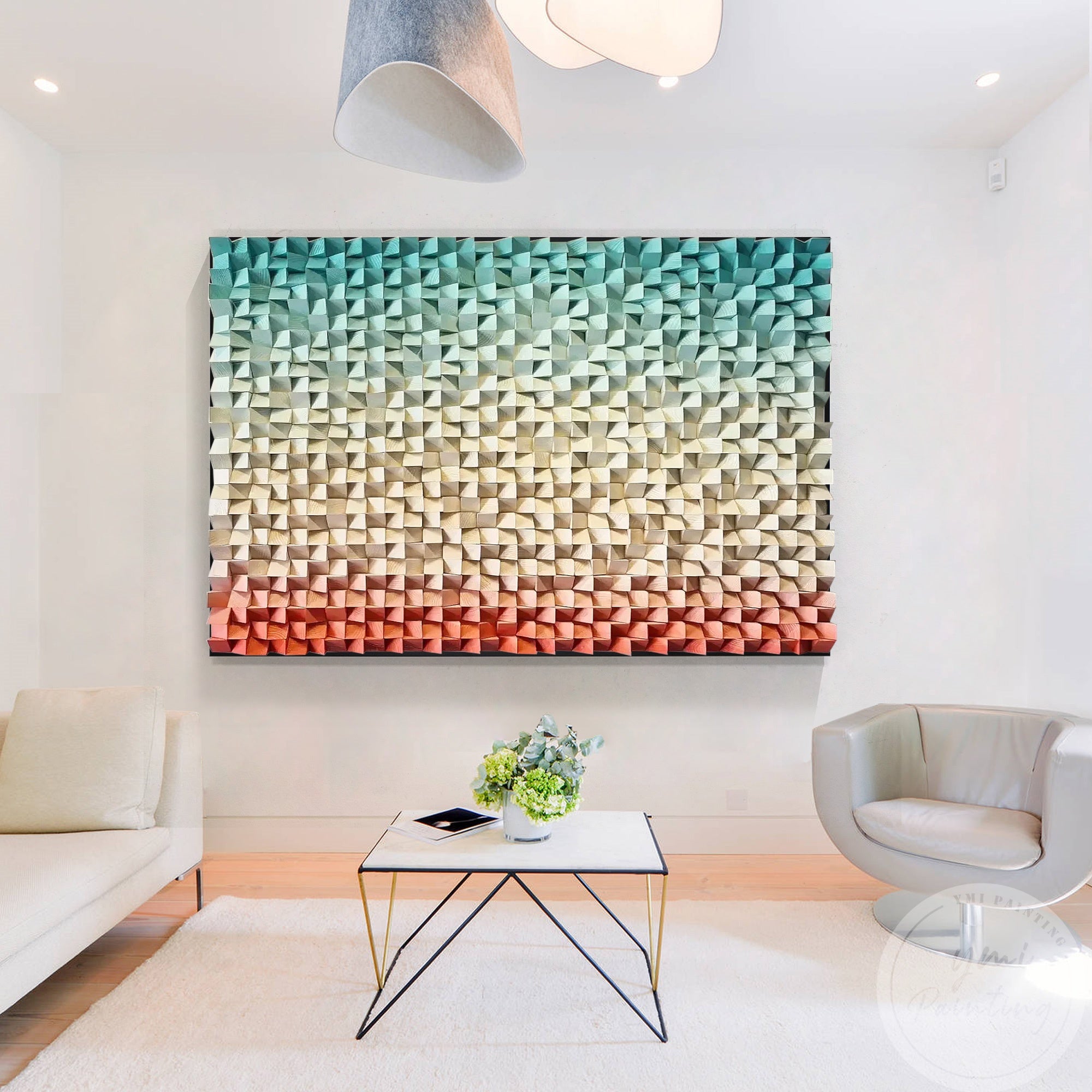 Abstract geometric wall art with a gradient from teal to coral, perfect for minimalist and contemporary living rooms.