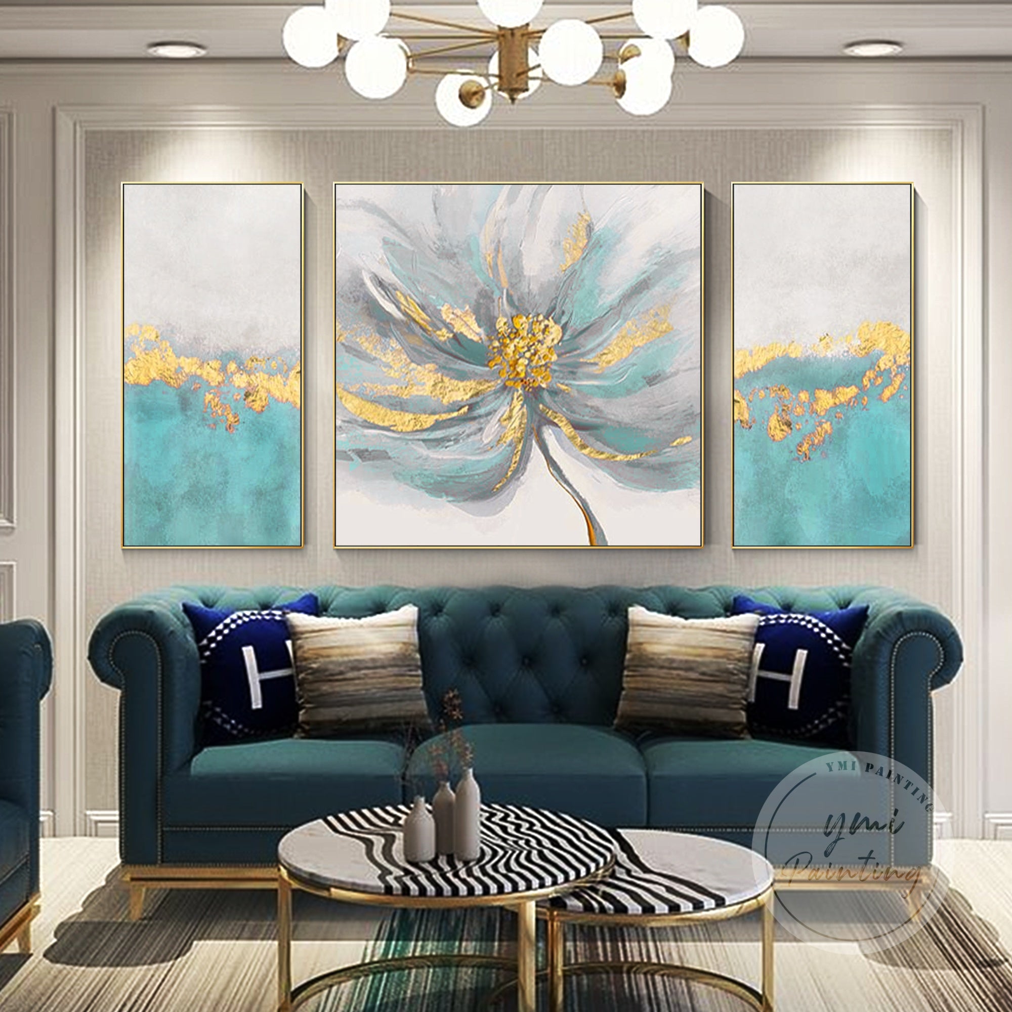 A stylish 3-piece wall art featuring abstract flowers in teal and gray with luxurious gold details, perfect for a sophisticated ambiance.