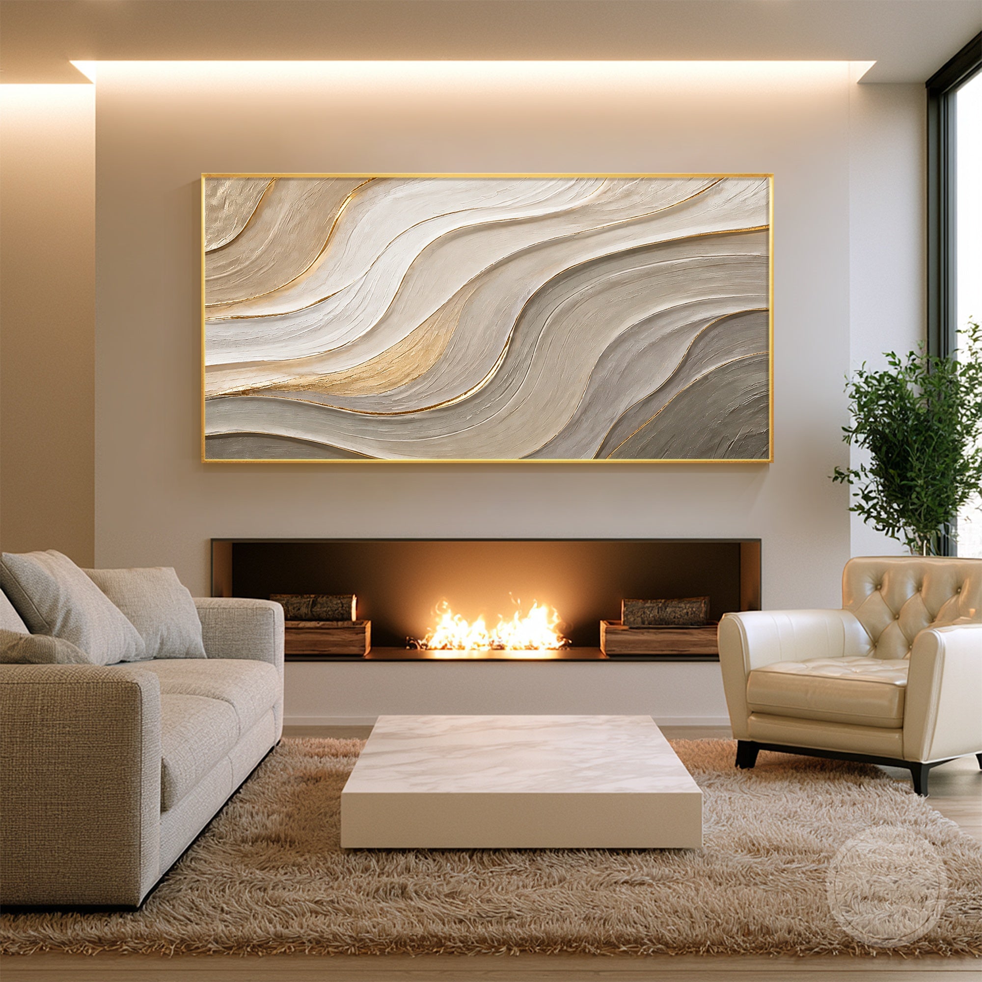 Contemporary beige gold wall art with curved flowing lines and dimensional textured surface
