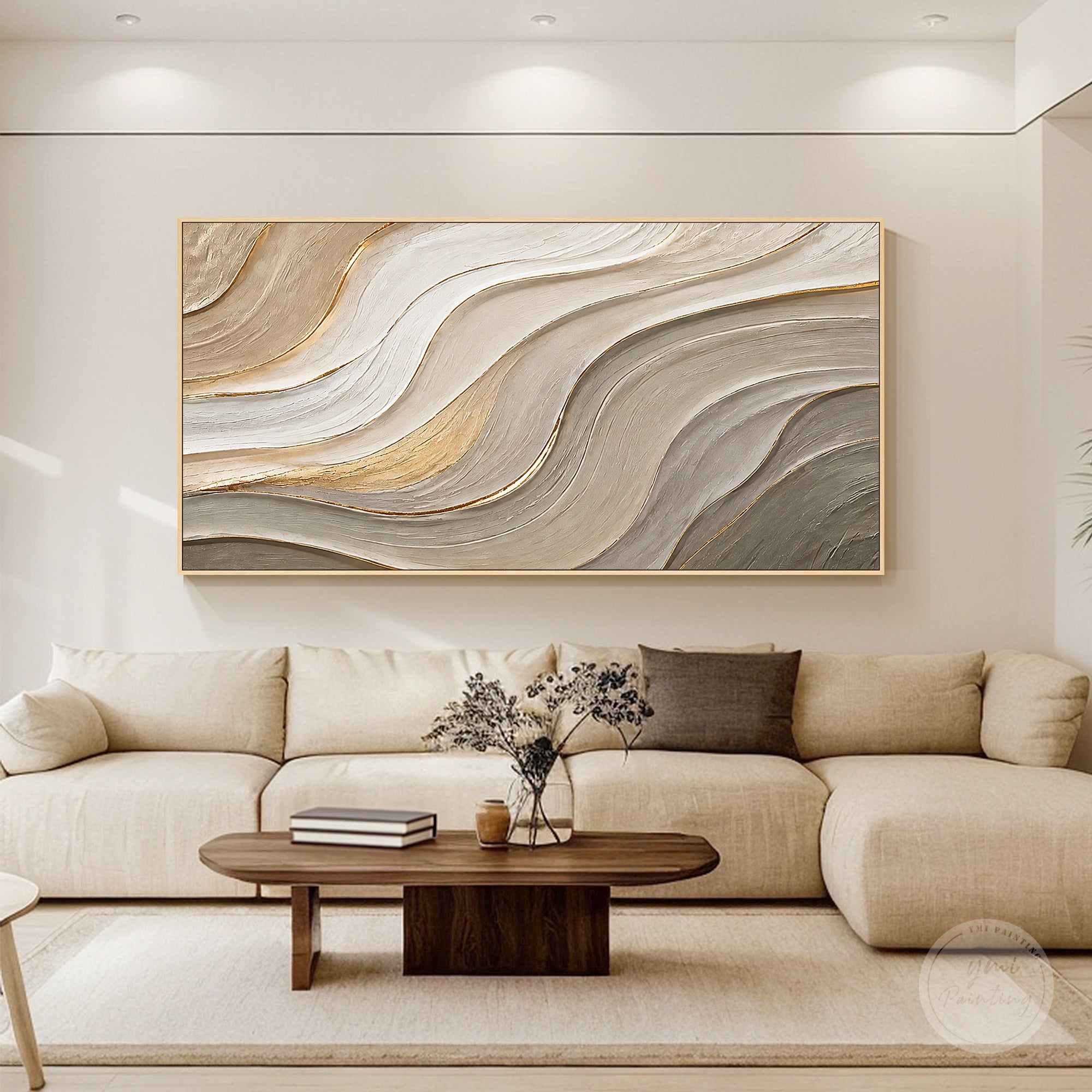 Neutral abstract artwork in warm beige taupe cream and gold for modern interior decor