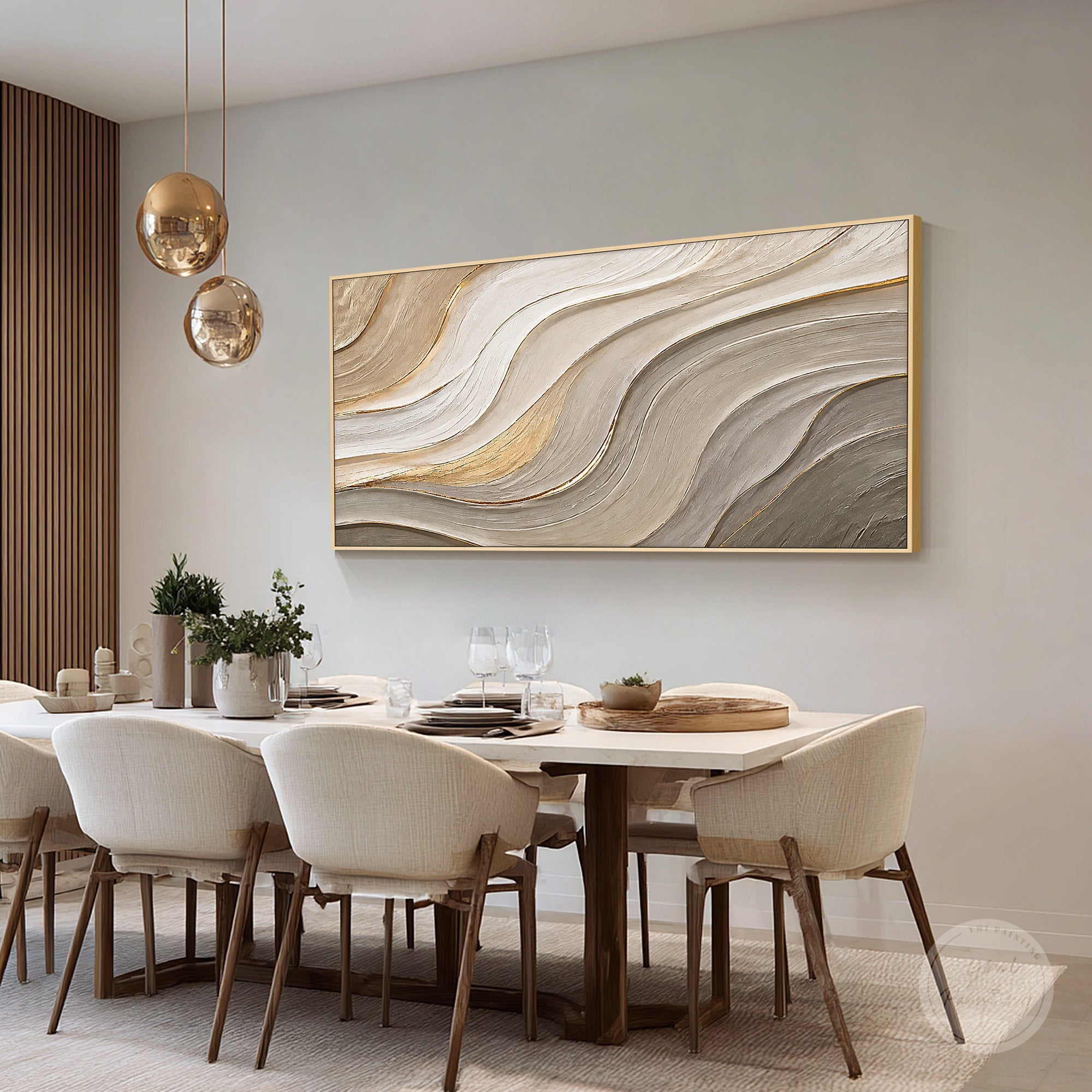 Hand-painted neutral abstract canvas featuring layered taupe cream beige and gold textures