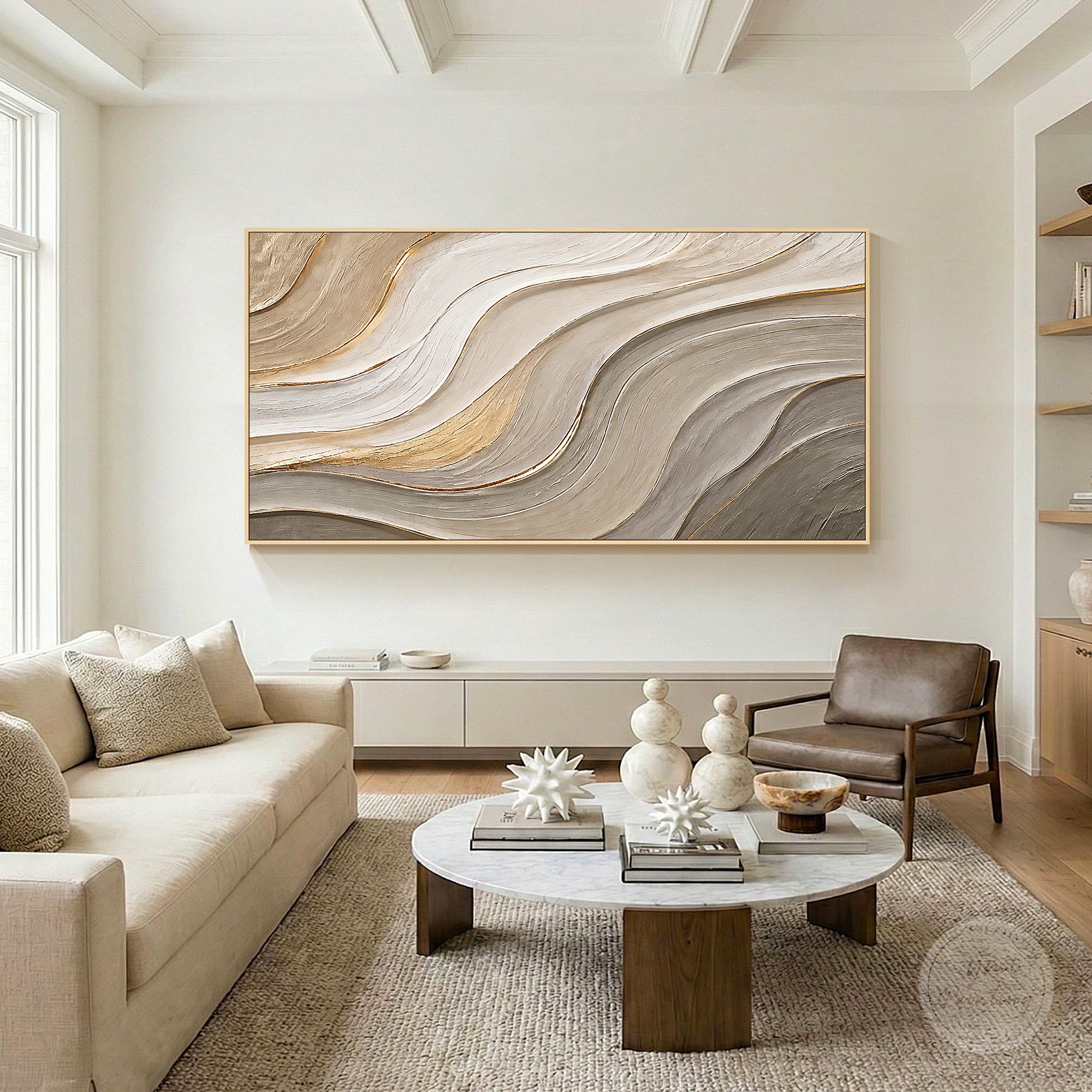 Modern beige abstract wall decor with flowing organic lines and subtle gold details