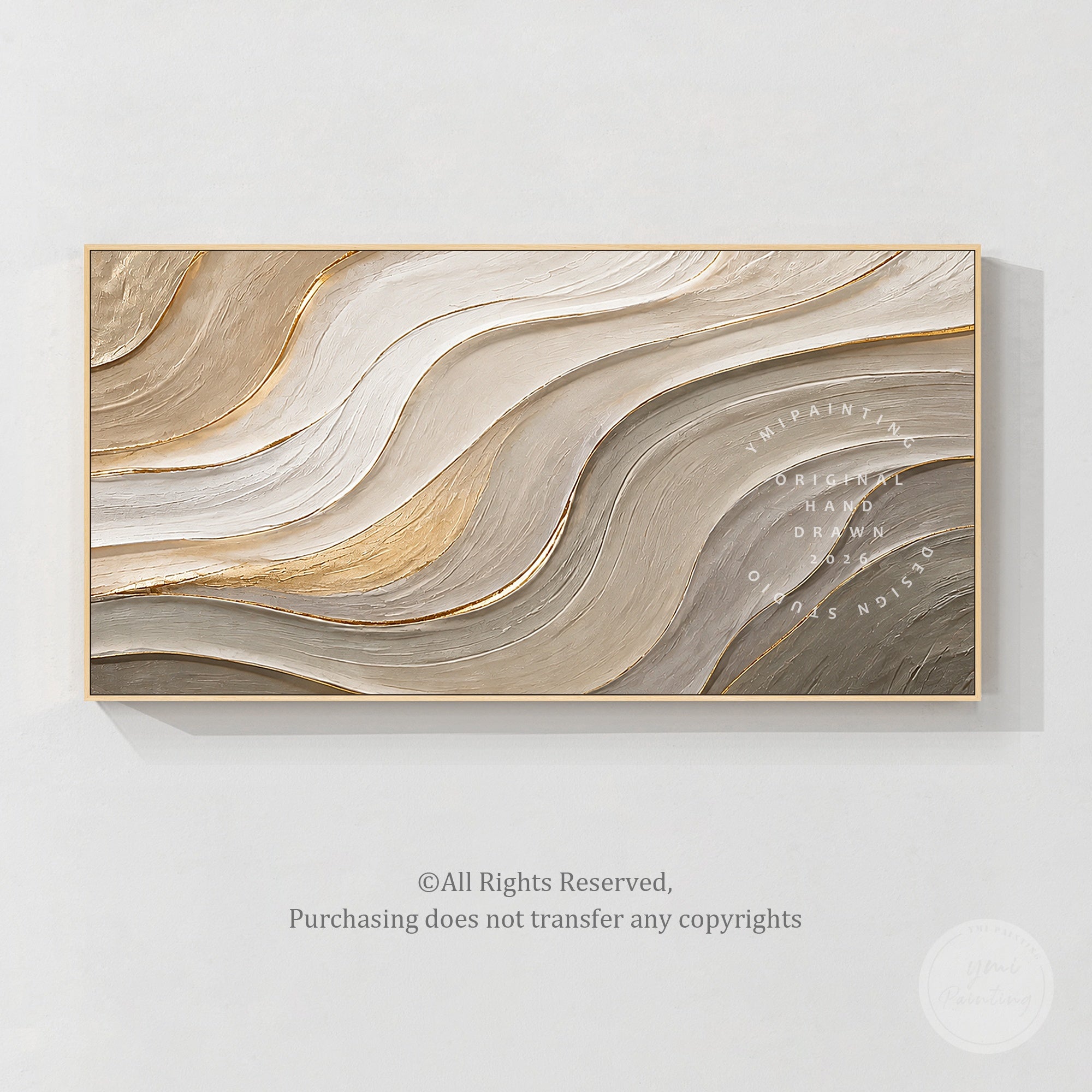 Neutral beige gold textured abstract wall art with flowing lines for modern home decor