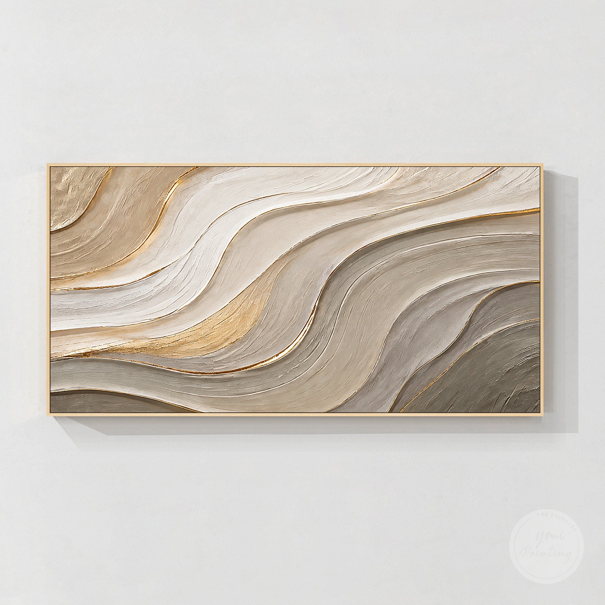 Textured beige abstract canvas art with flowing layered lines and metallic gold accents