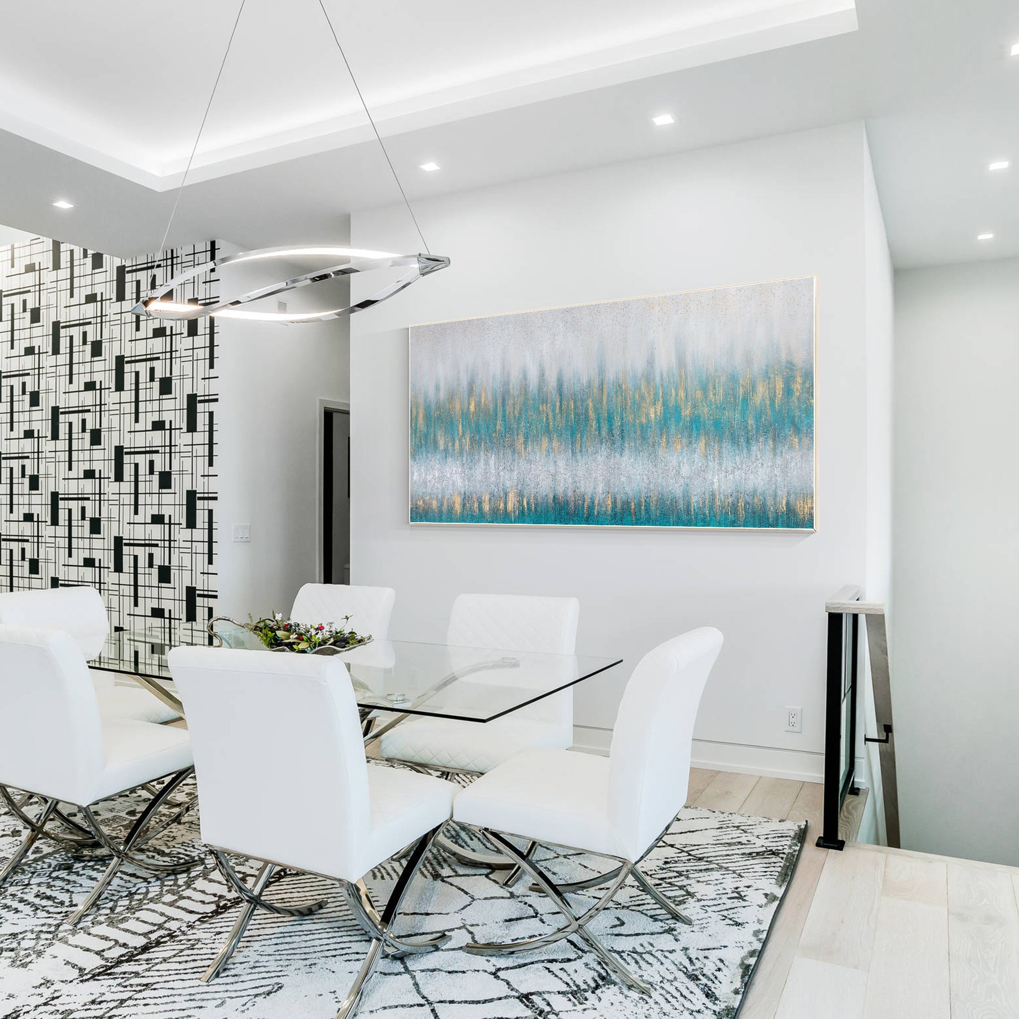 Textured surface of blue green glitter art with layered paint, gray tones, and subtle gold powder