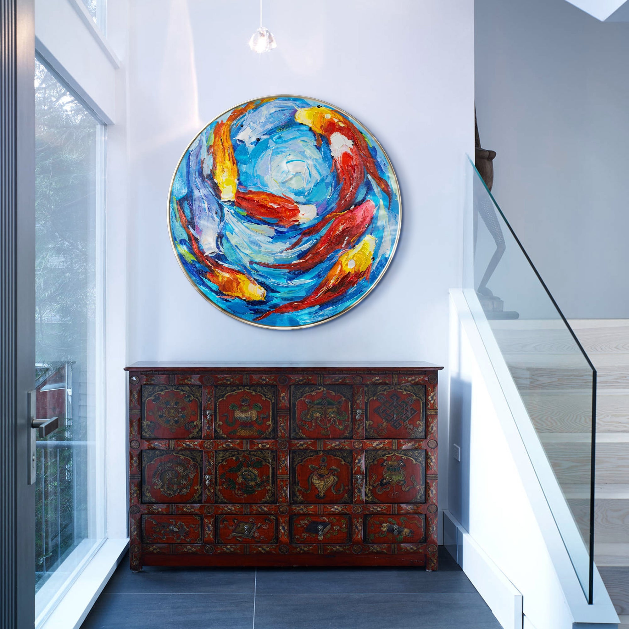 Blue water koi fish painting with oil texture in an entryway interior