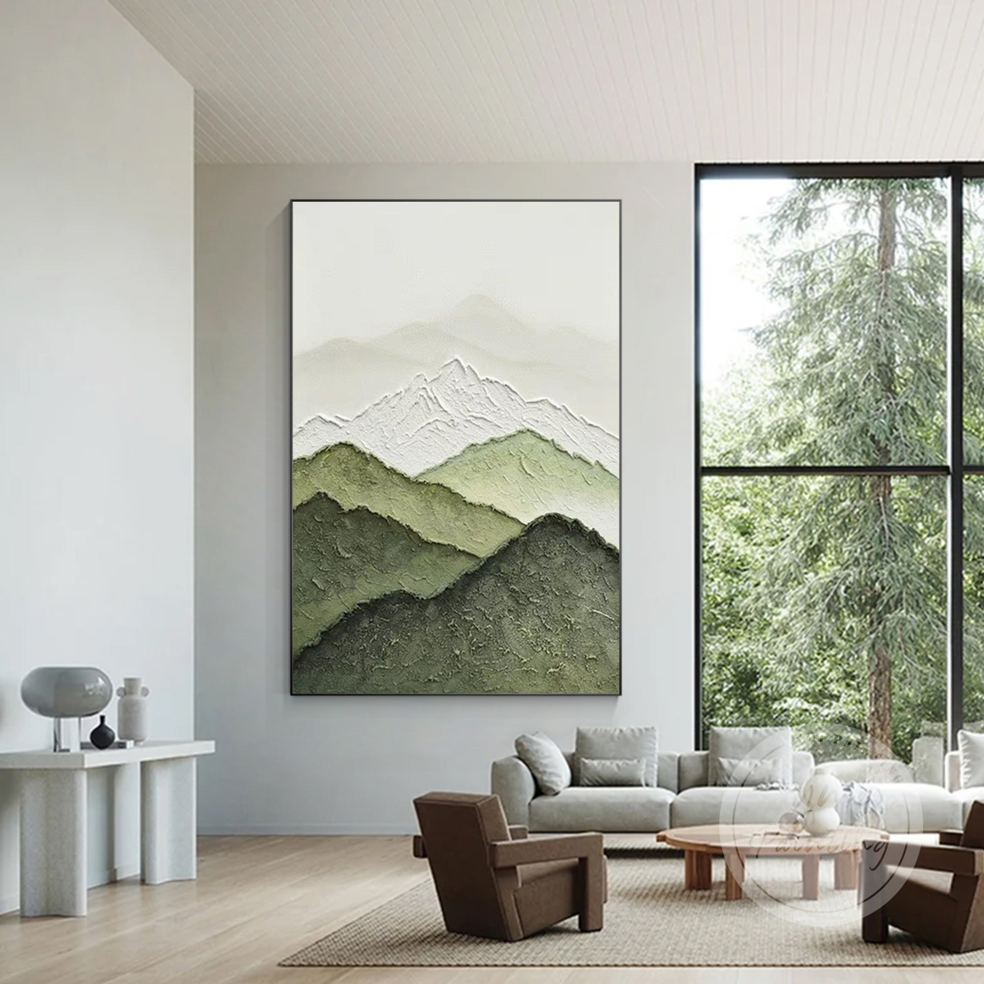 Minimalist mountain art in green tones with golden frame