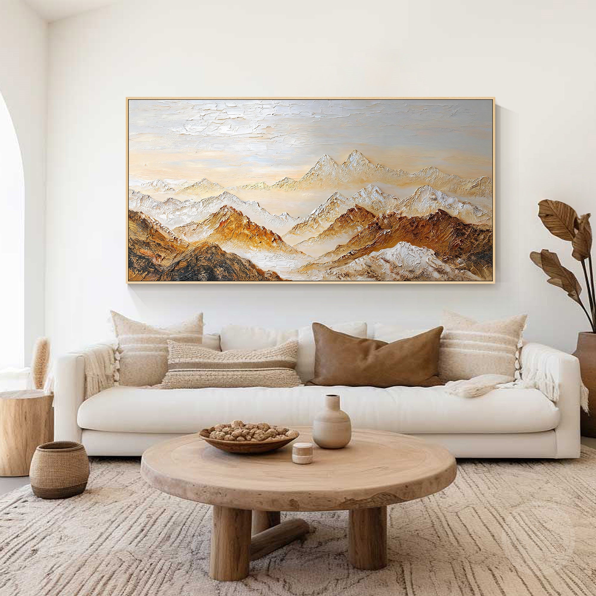 Panoramic mountain painting with snowy ridges