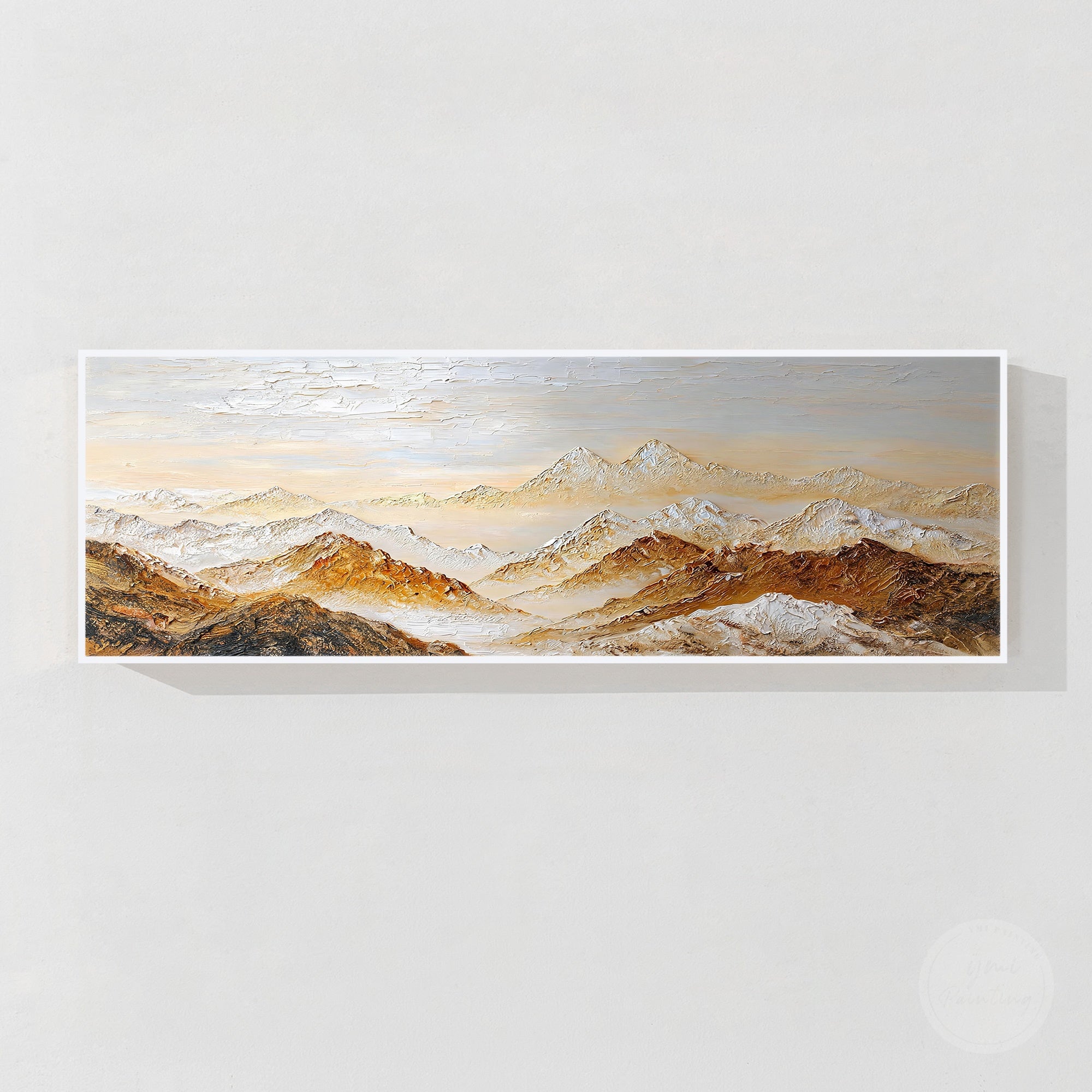 Textured mountain landscape wall art with snowy peaks