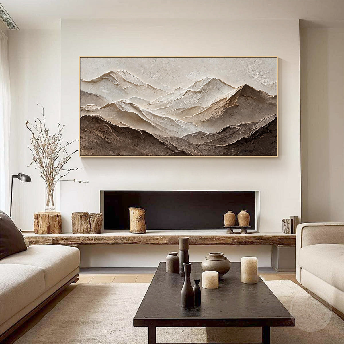 Horizontal mountain wall art with sculptural textured layers