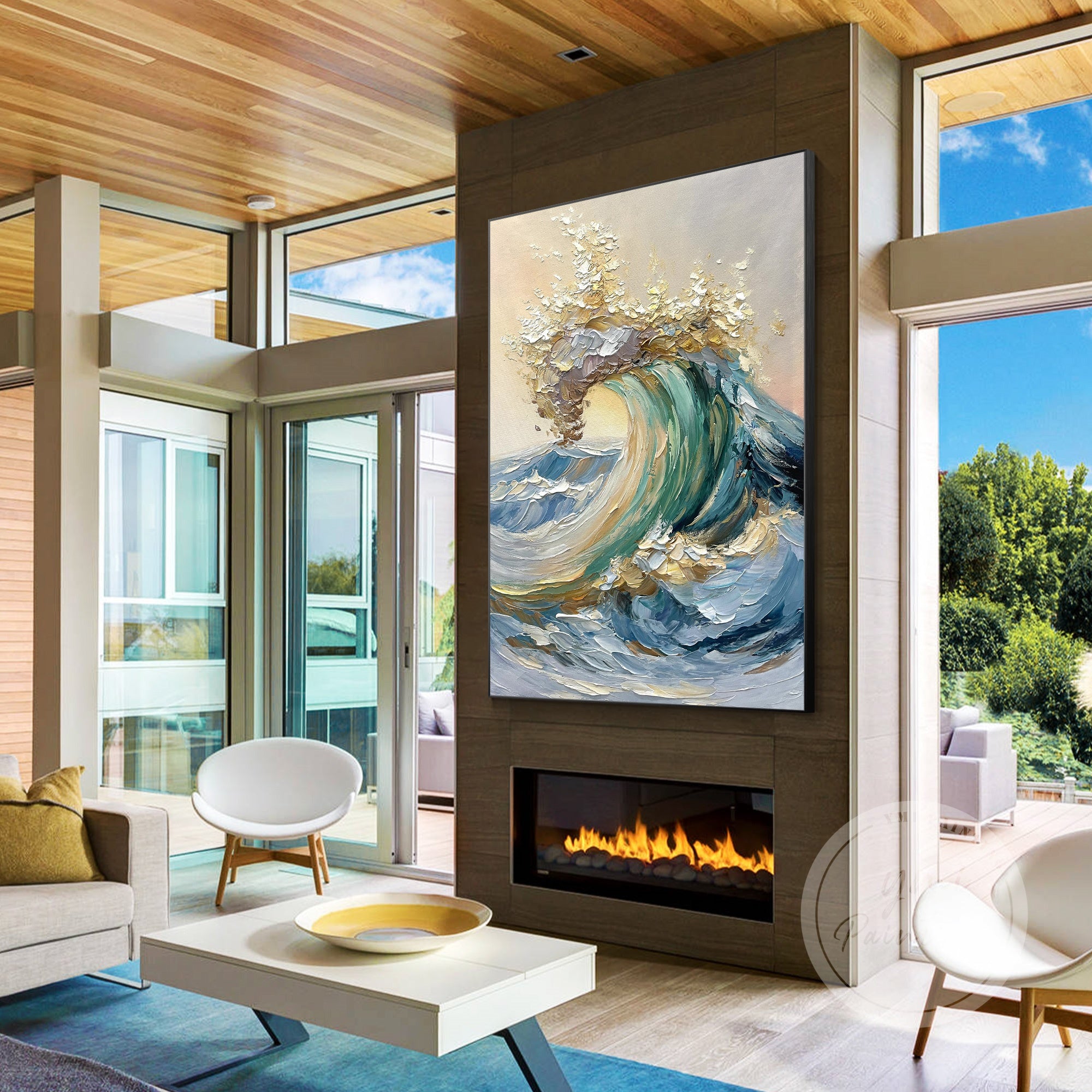 Beautiful ocean wave art with golden highlights for decor