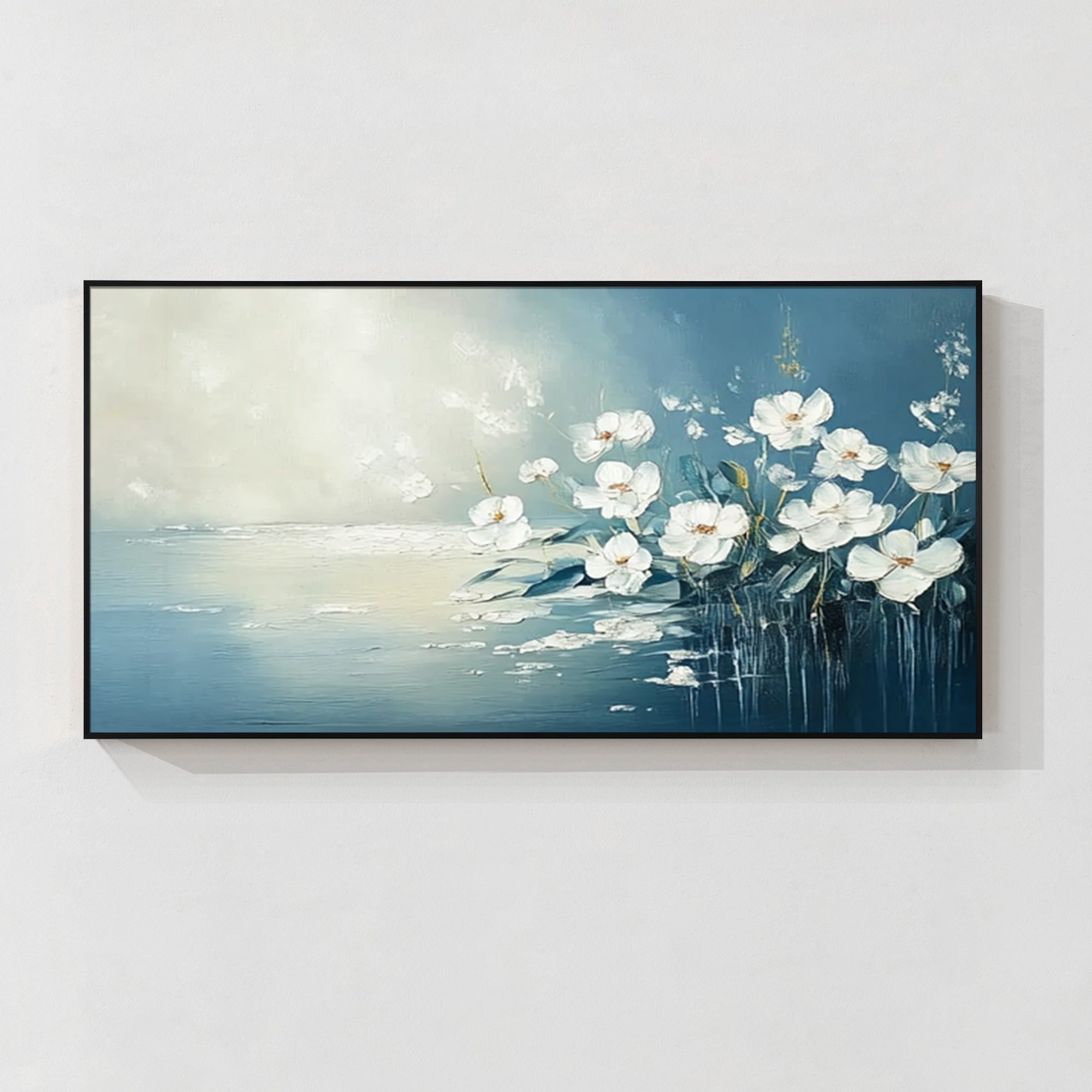 Textured white floral lake wall art on blue canvas