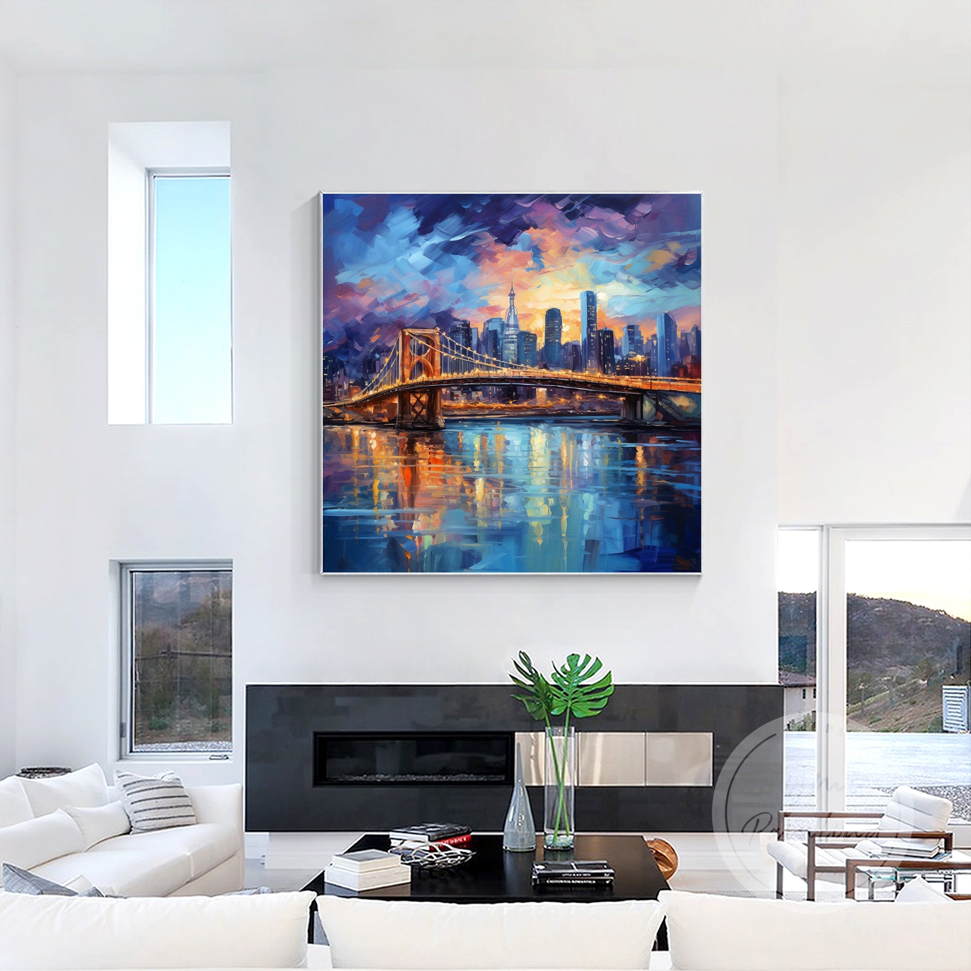 Original Toronto nightscape painting, featuring a stunning navy blue and gold urban landscape.
