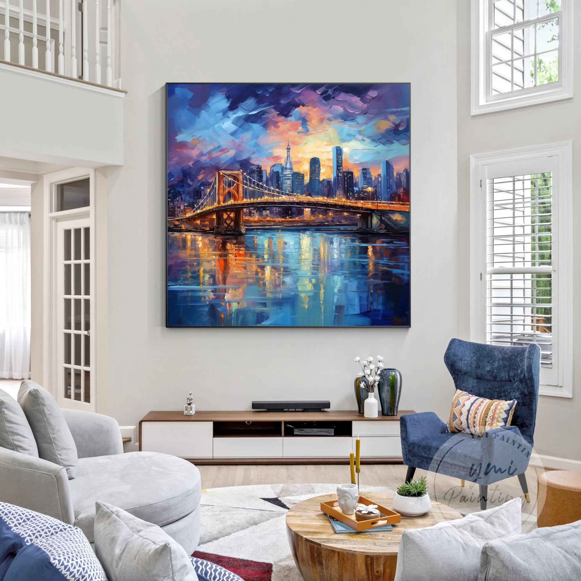 Large Toronto wall art, capturing the beauty of the city's skyline with vibrant navy and gold tones.