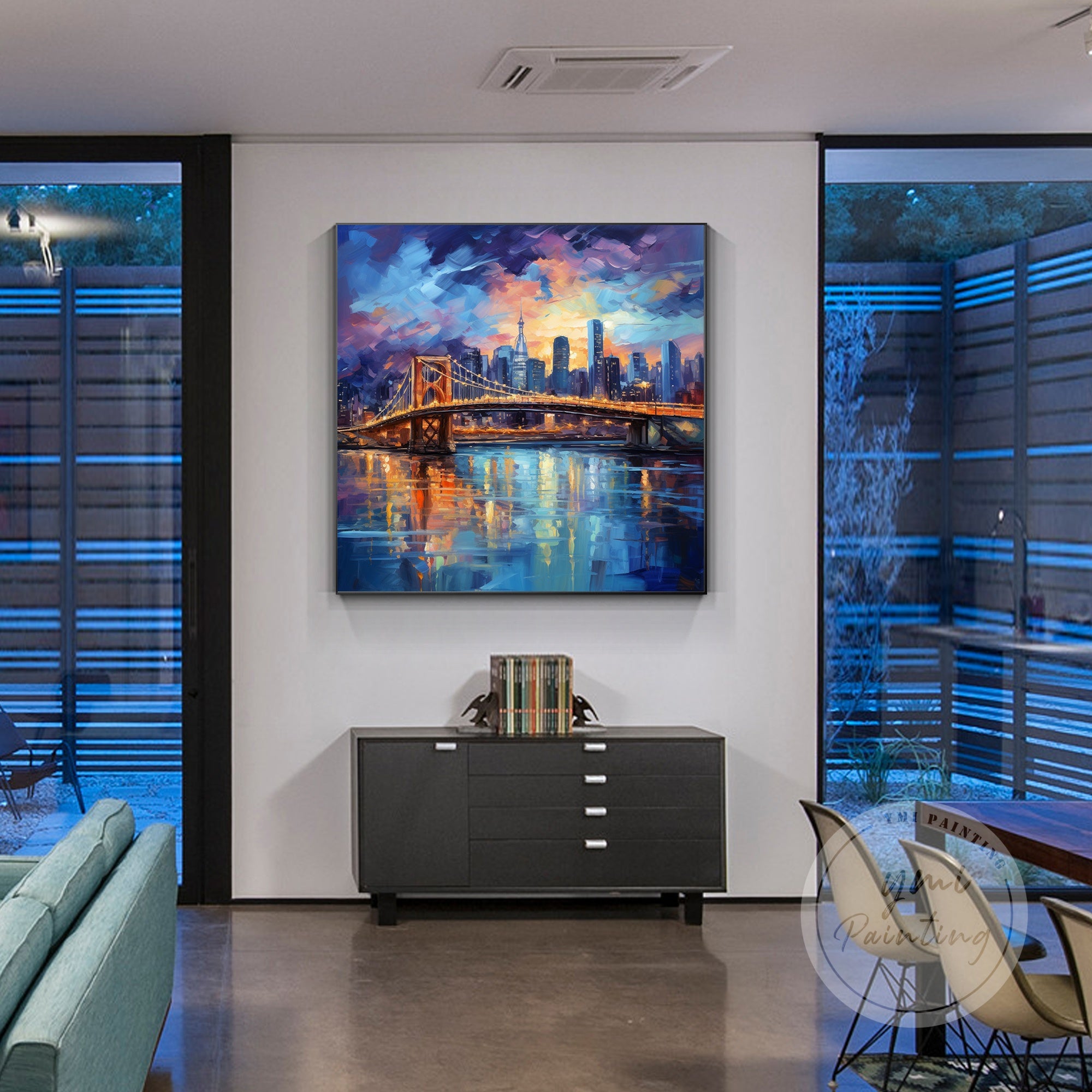 Elegant Toronto nightscape art, combining navy blue and gold for a sophisticated and dynamic city design.