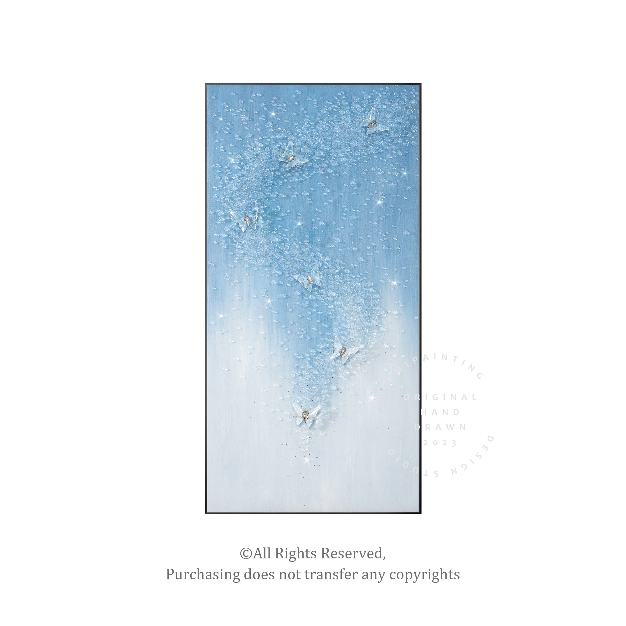 Resin-coated canvas artwork featuring a floating transparent butterfly.