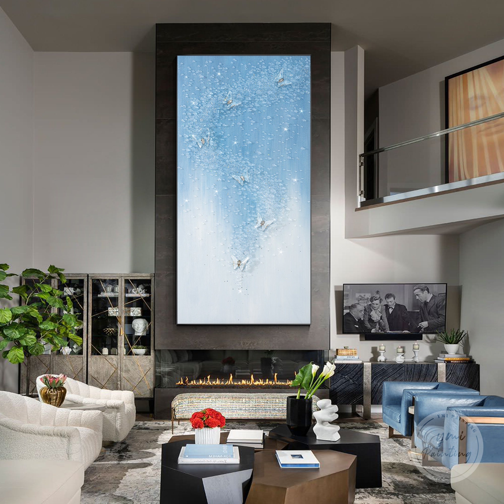 Resin-finished painting with a separate transparent 3D butterfly sculpture.