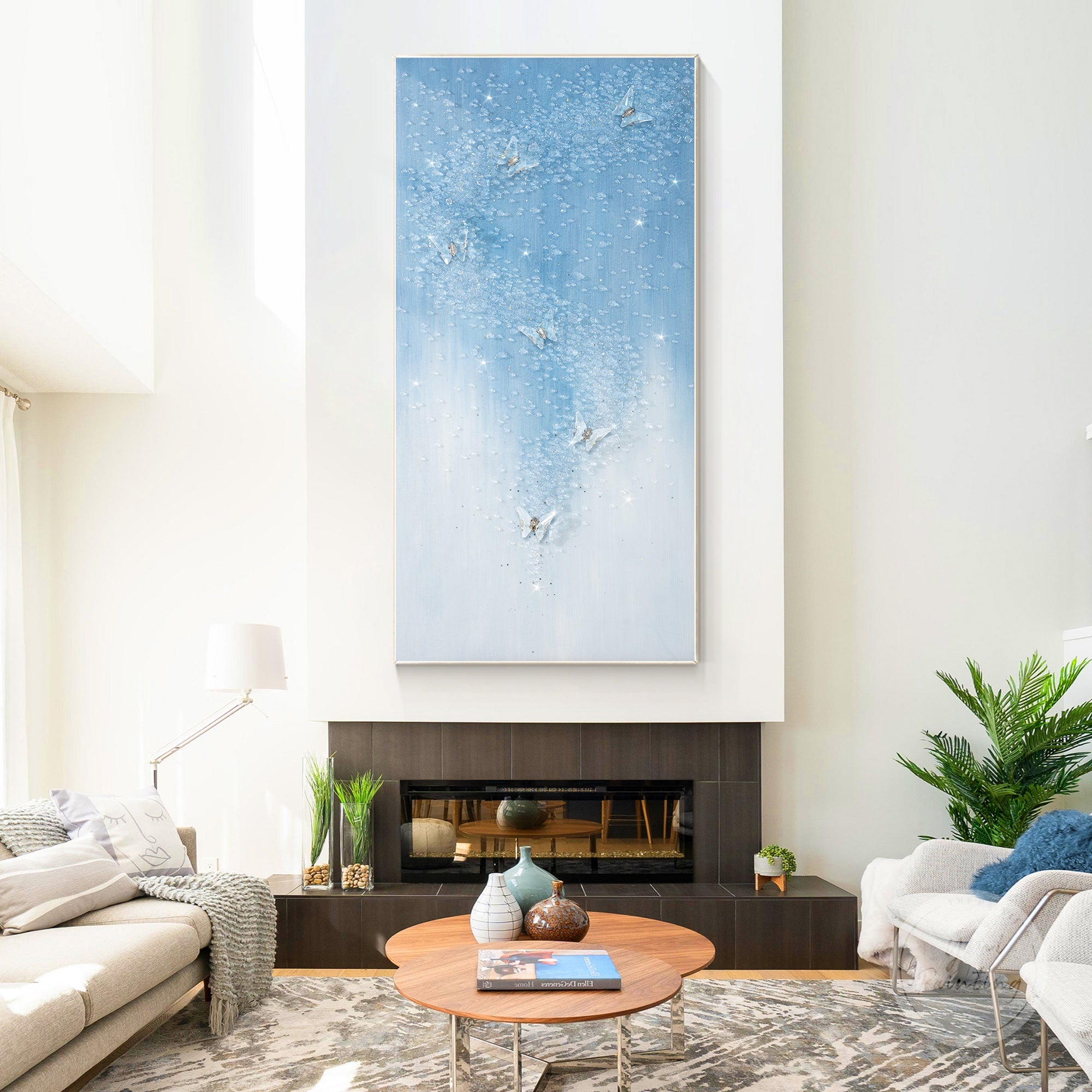 Luxury resin wall art with transparent butterfly and glitter highlights.