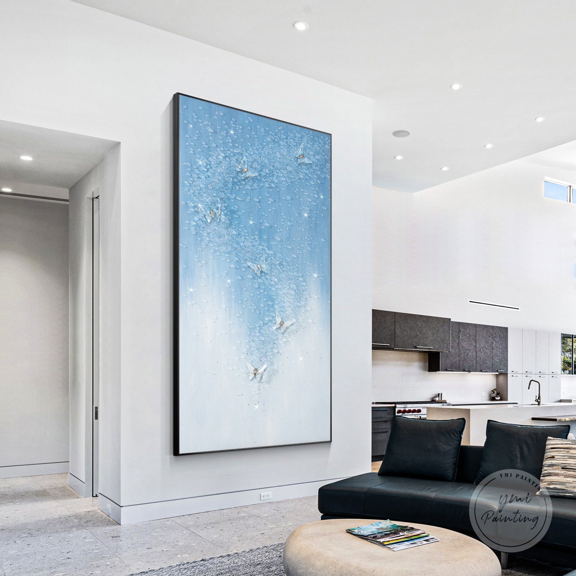 Transparent butterfly painting with smooth resin surface for living room decor.