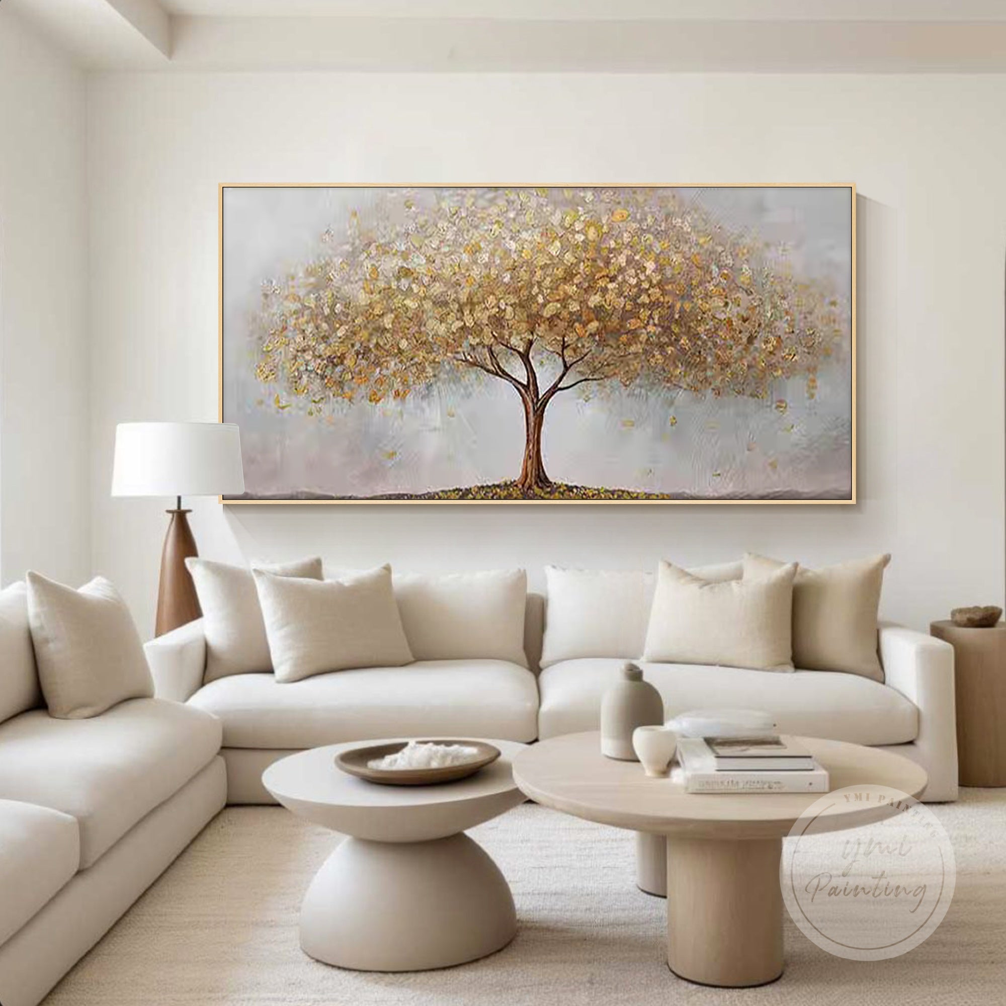 Luxurious textured tree wall art in caramel and brown tones, set against a dreamy taupe gray background with subtle purple hints, perfect for elegant home decor.