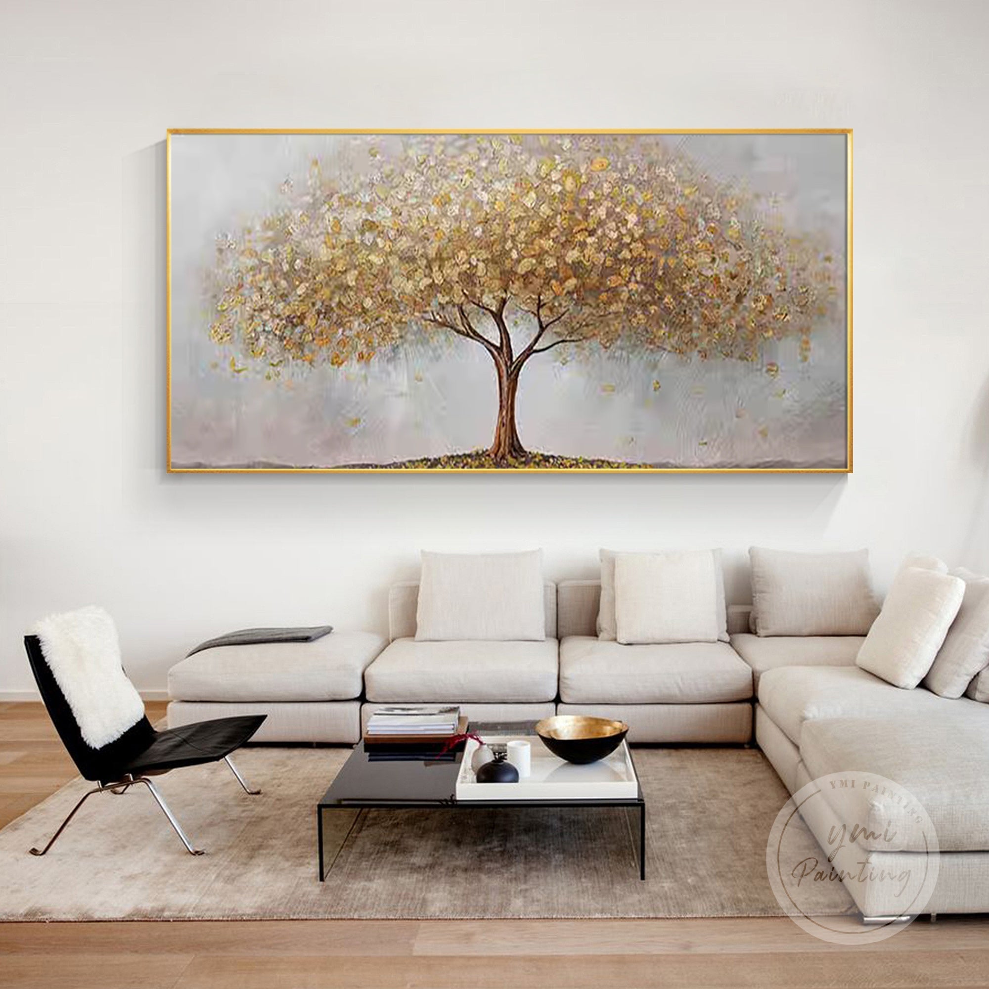 Abstract nature-inspired tree painting featuring rich caramel and brown textures on a soft taupe gray and purple-tinged backdrop, ideal for adding warmth and sophistication.