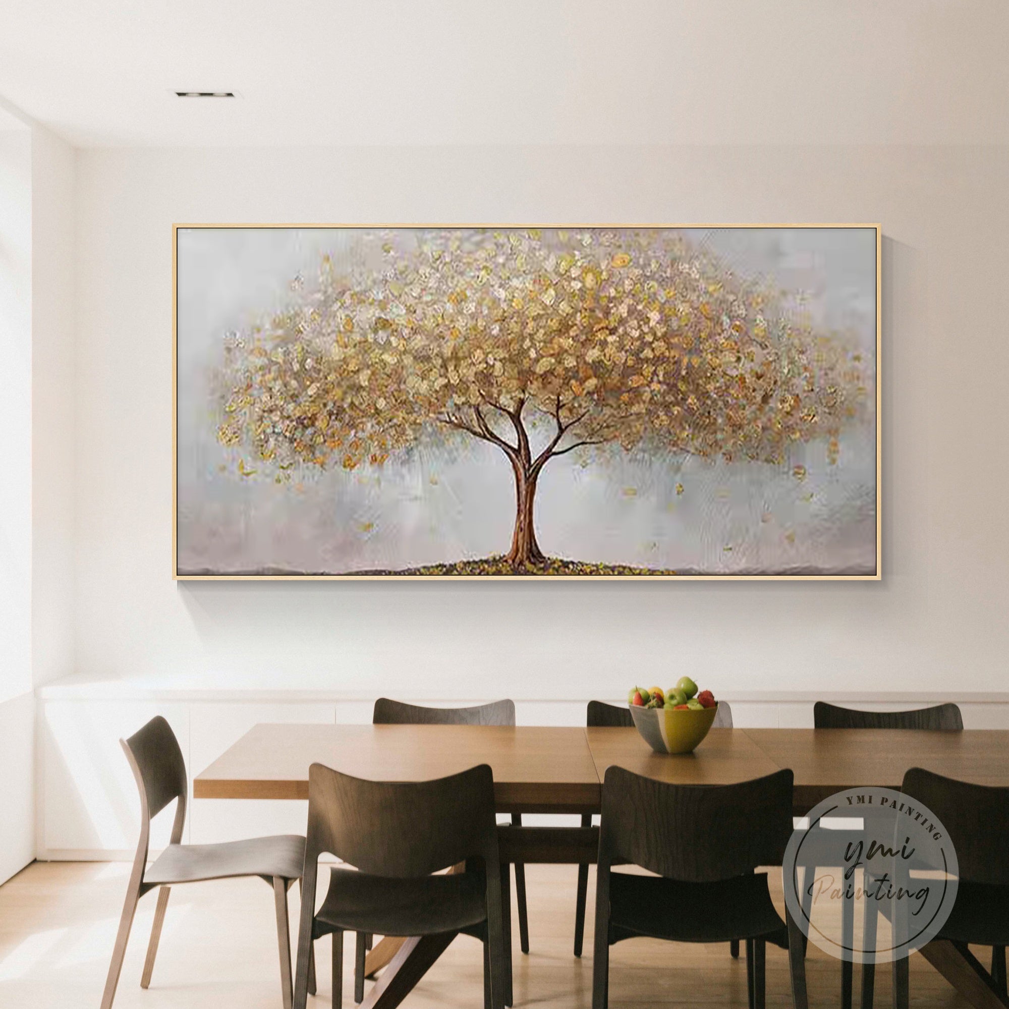 Large textured tree canvas art in warm caramel and brown shades with a dreamy taupe gray background accented by delicate purple hues, creating a serene focal point.