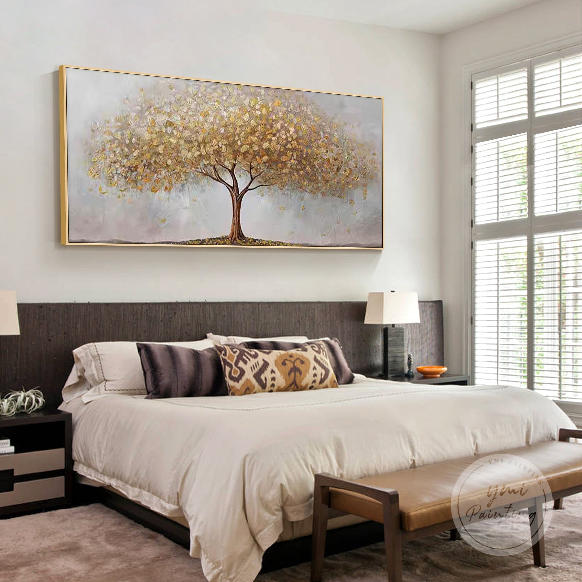 Handcrafted acrylic tree painting with rich caramel and brown textures set on a taupe gray canvas softly blended with purple tones, perfect for refined living areas.