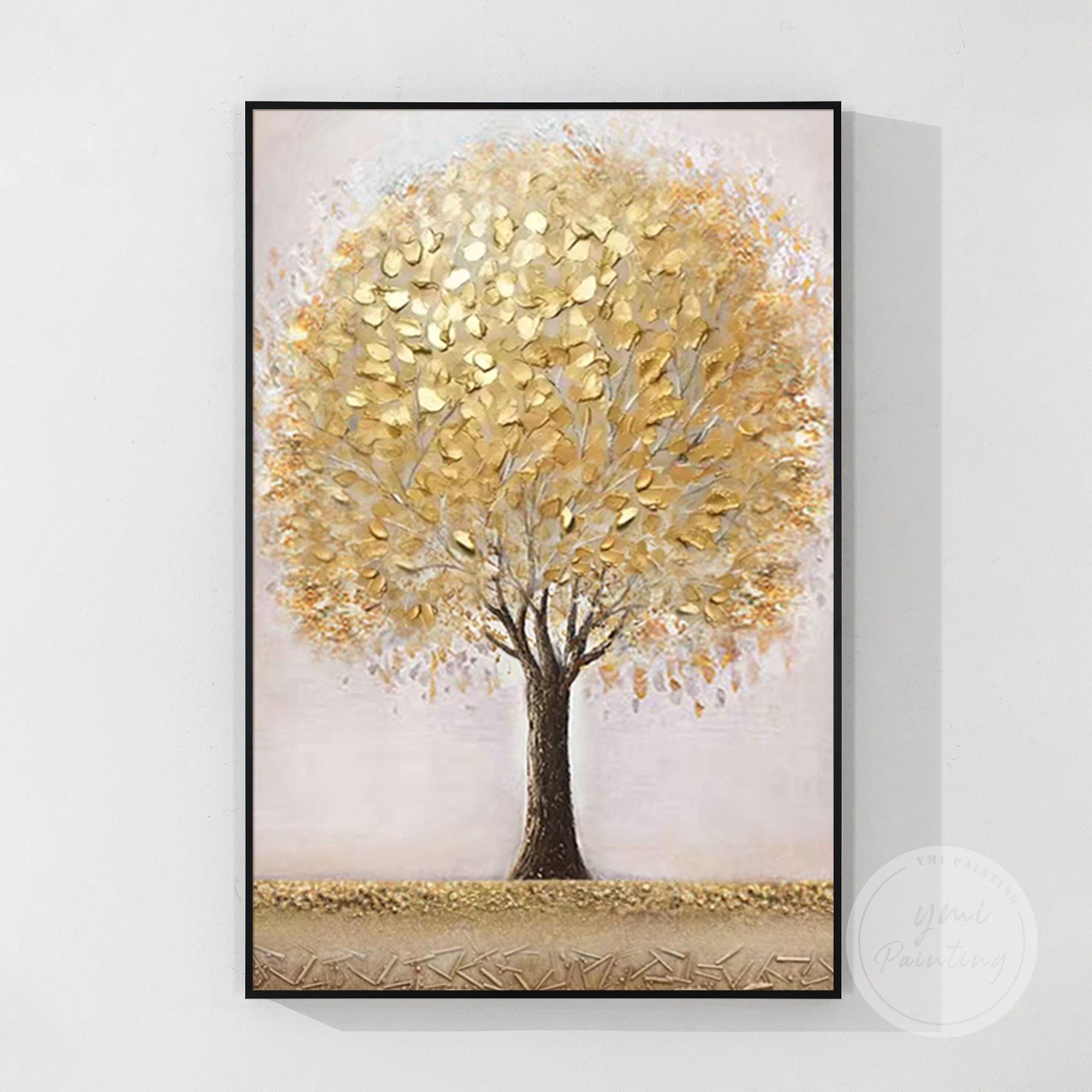 Pink and gold tree painting with elegant metallic leaves
