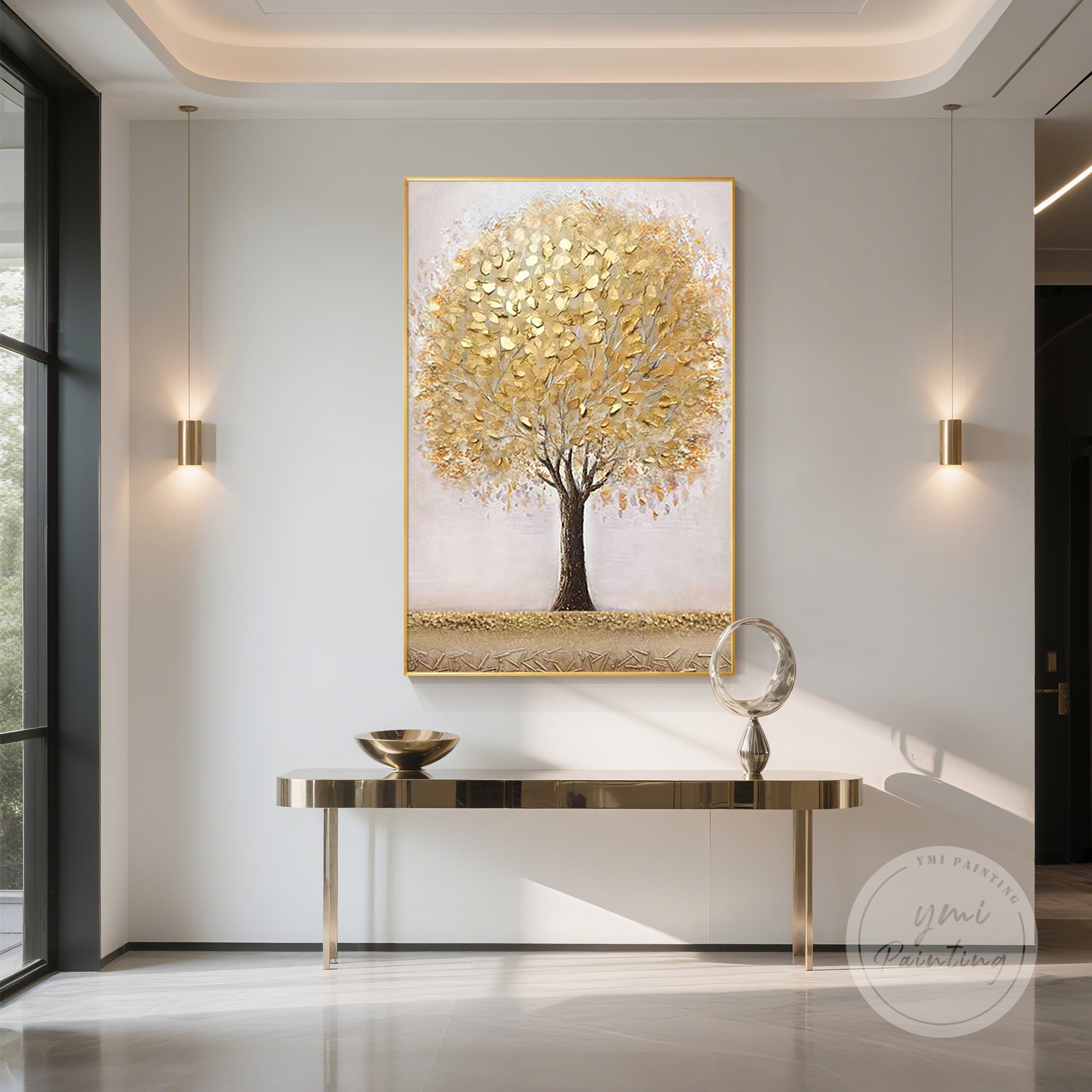 Tree of life painting in shimmering gold with soft pink background
