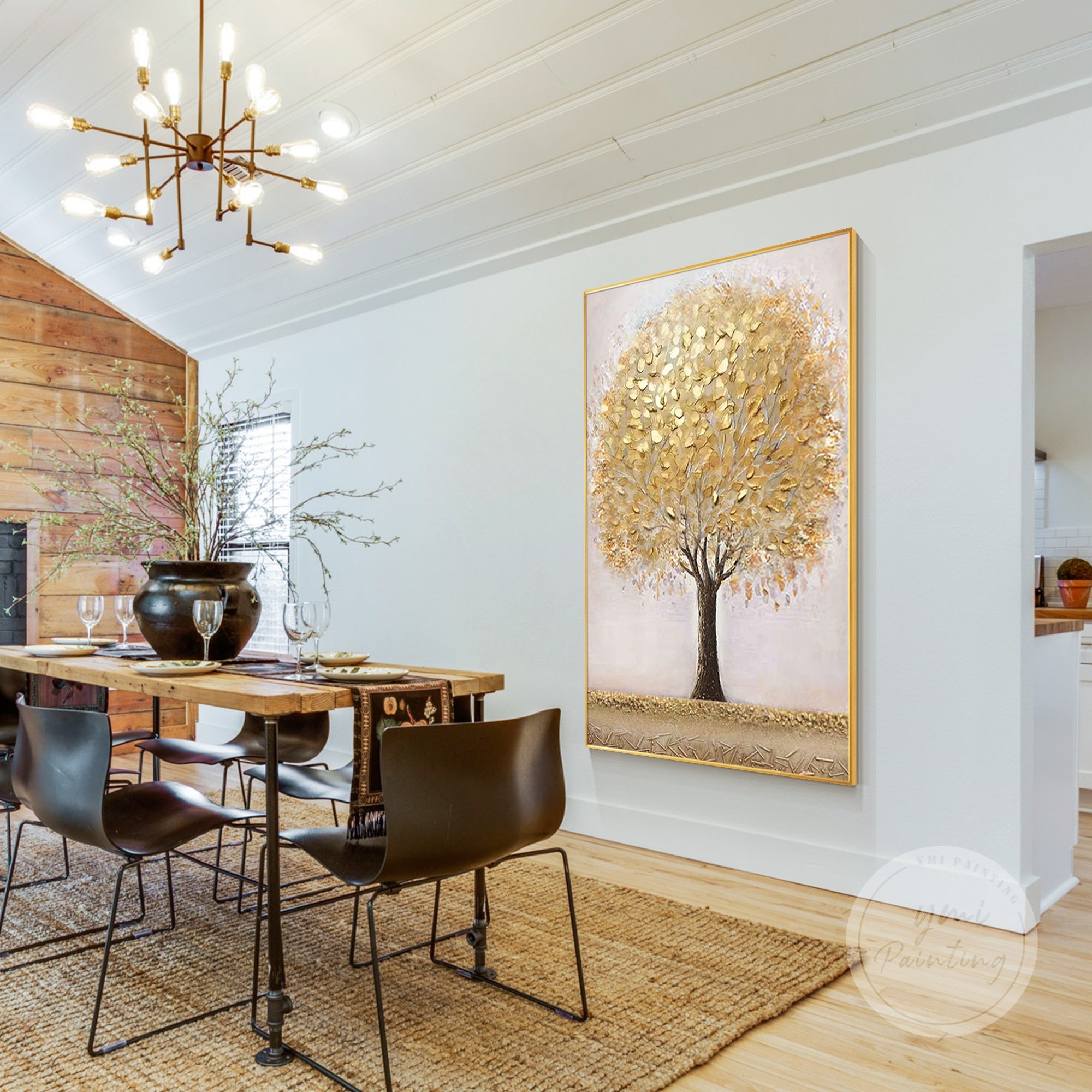 Luxurious pink and gold tree art with textured trunk