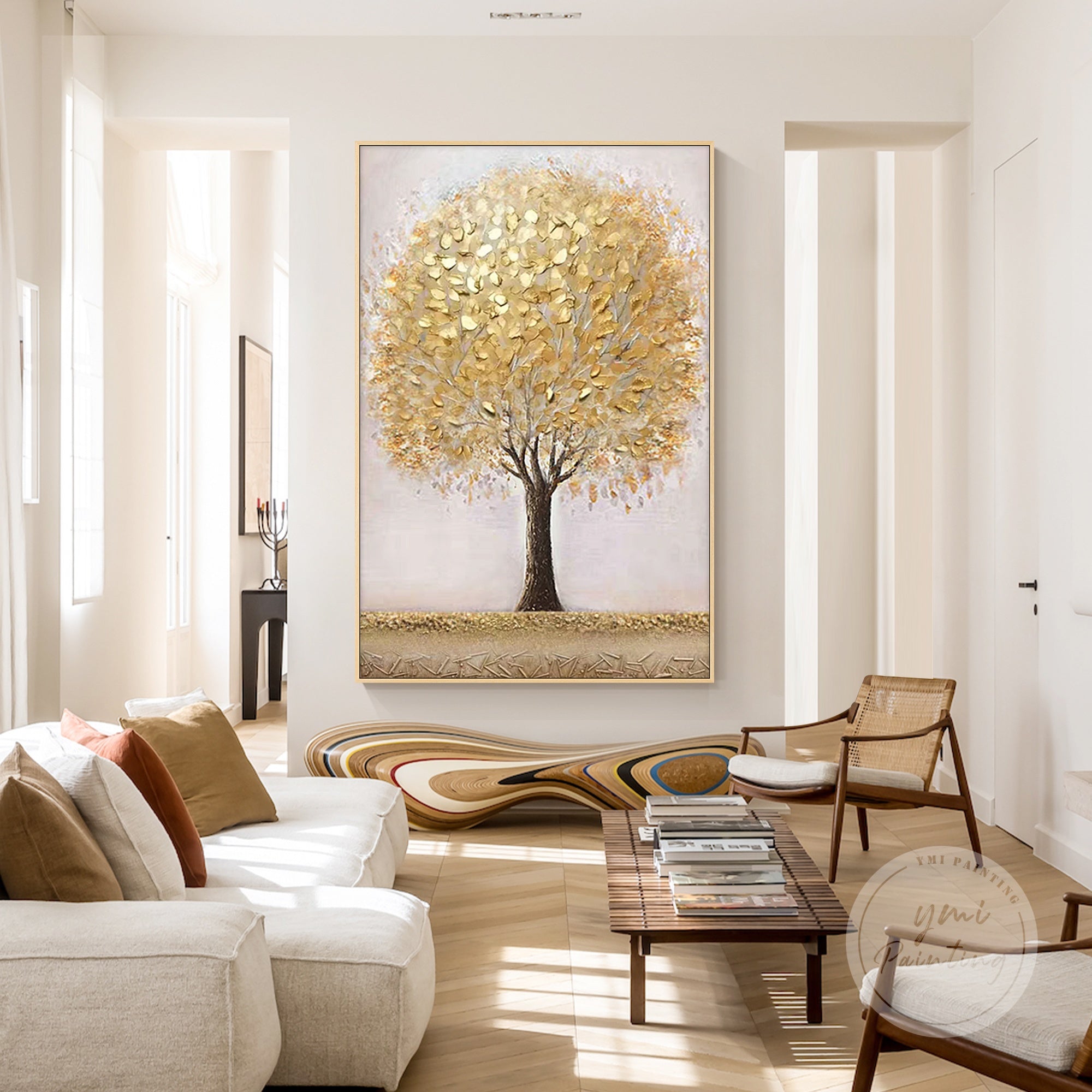 Framed gold tree painting, ideal for stairway or hallway decor