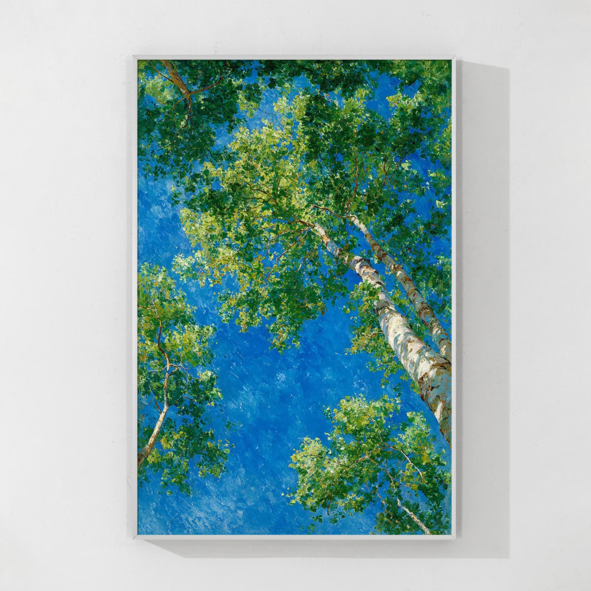 Hand-painted vertical tree oil painting with tall trunks and sunlit green leaves