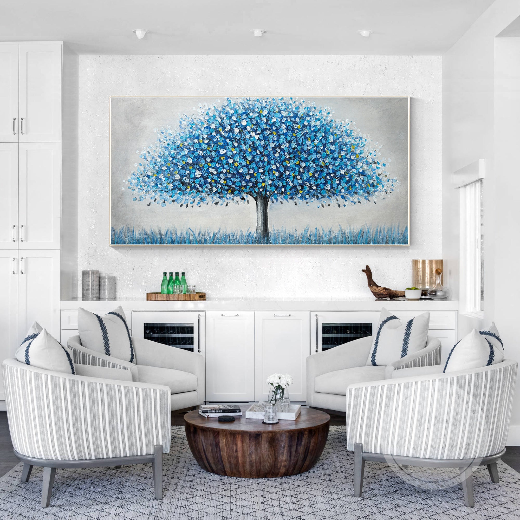 "Modern blue tree oil painting with vibrant leaves and textured brushstrokes"
