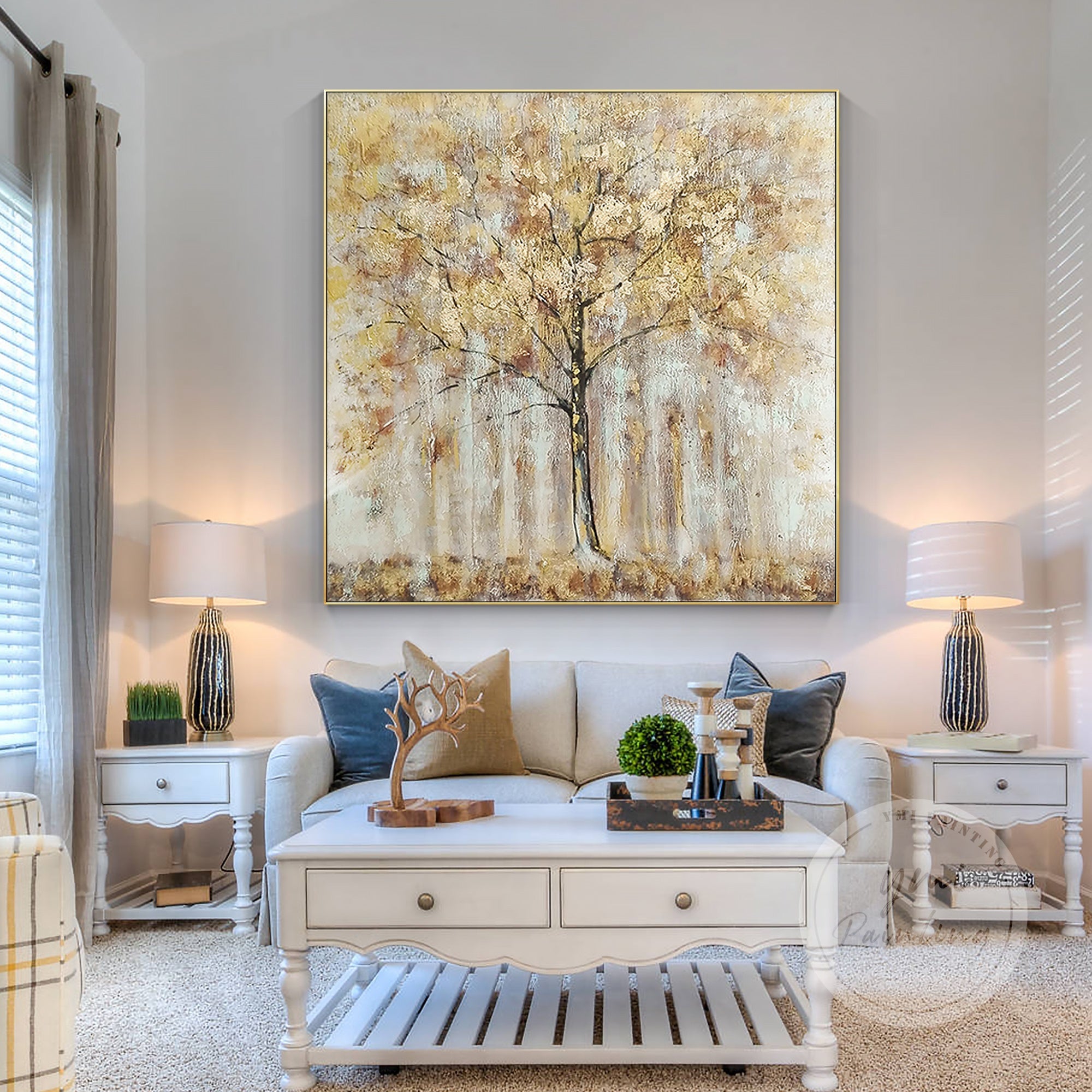 Large Framed Gold Tree Wall Art with shimmering golden leaves on a neutral background, adding elegance to any space.