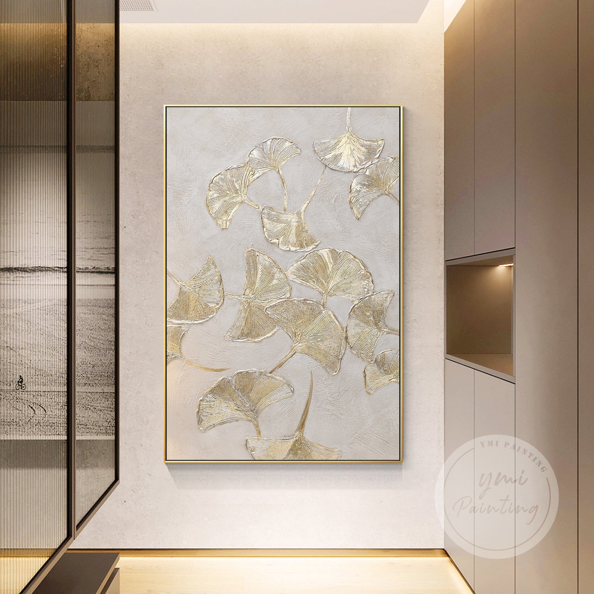 Hand-painted gold Ginkgo Biloba leaf painting, showcasing the elegance and symbolism of the ginkgo tree with a luxurious gold finish.