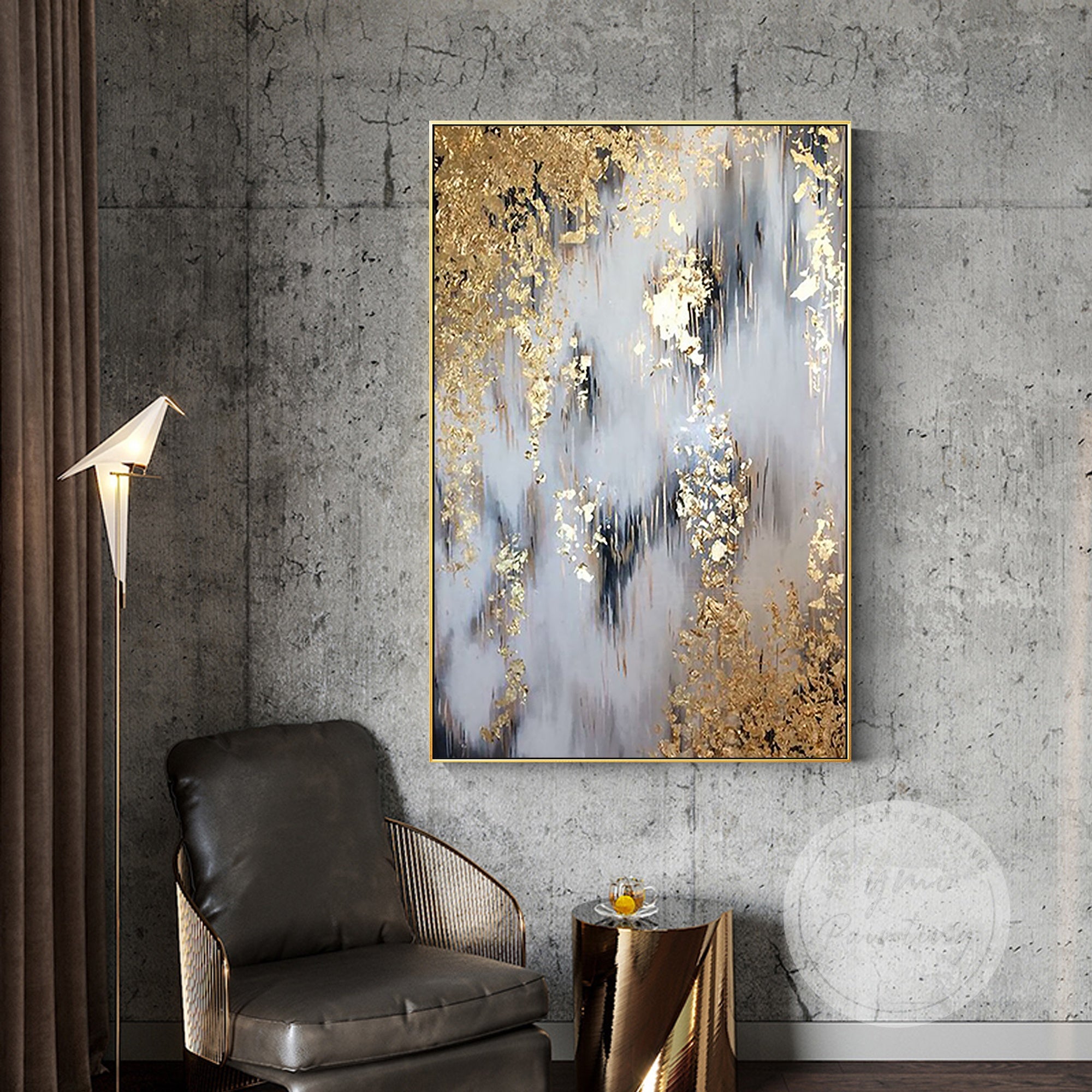 Textured gold abstract painting with a luxurious design, ideal for a contemporary home decor theme.