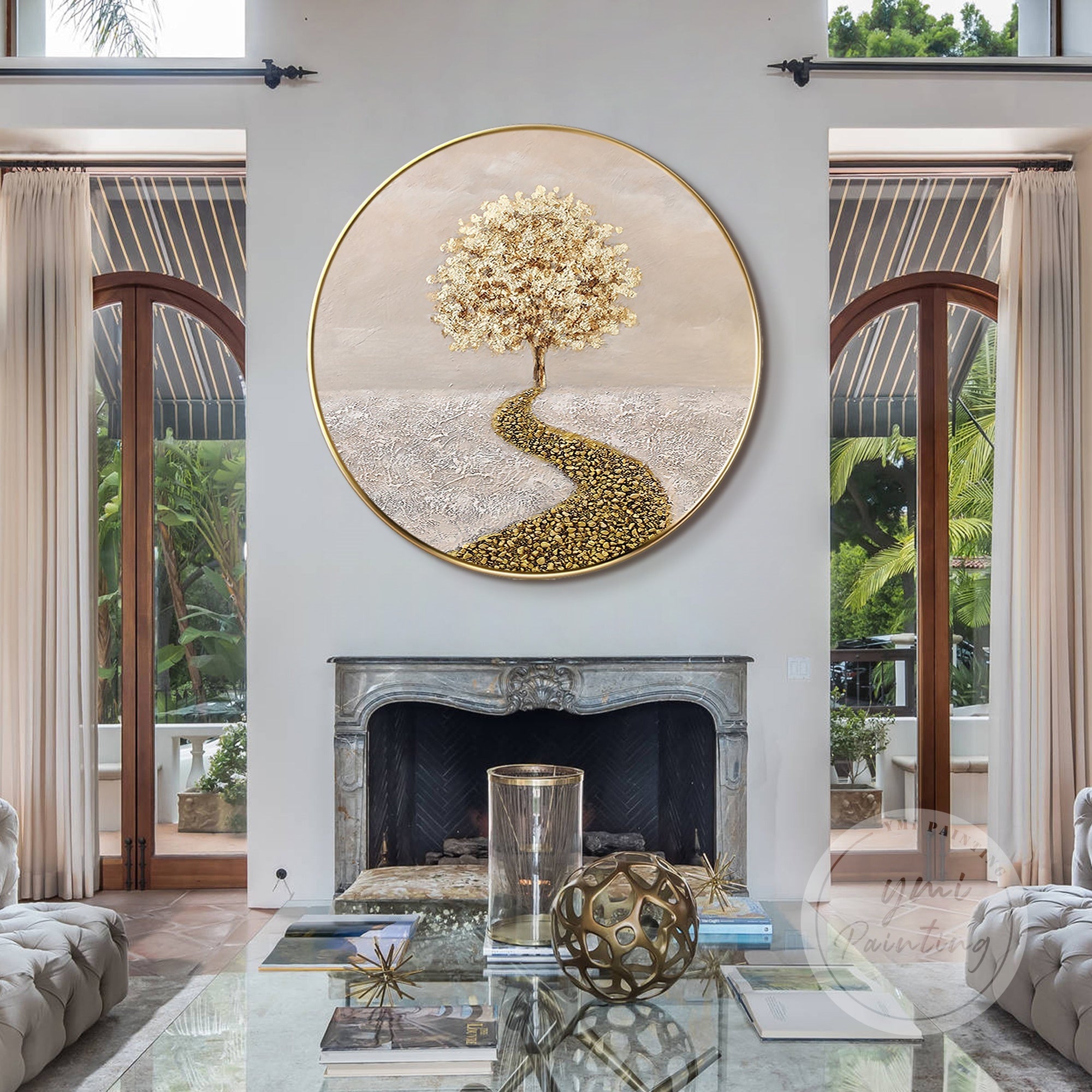 Large acrylic gold tree art with 3D texture, blending minimalism with nature-inspired beauty in a round canvas format.