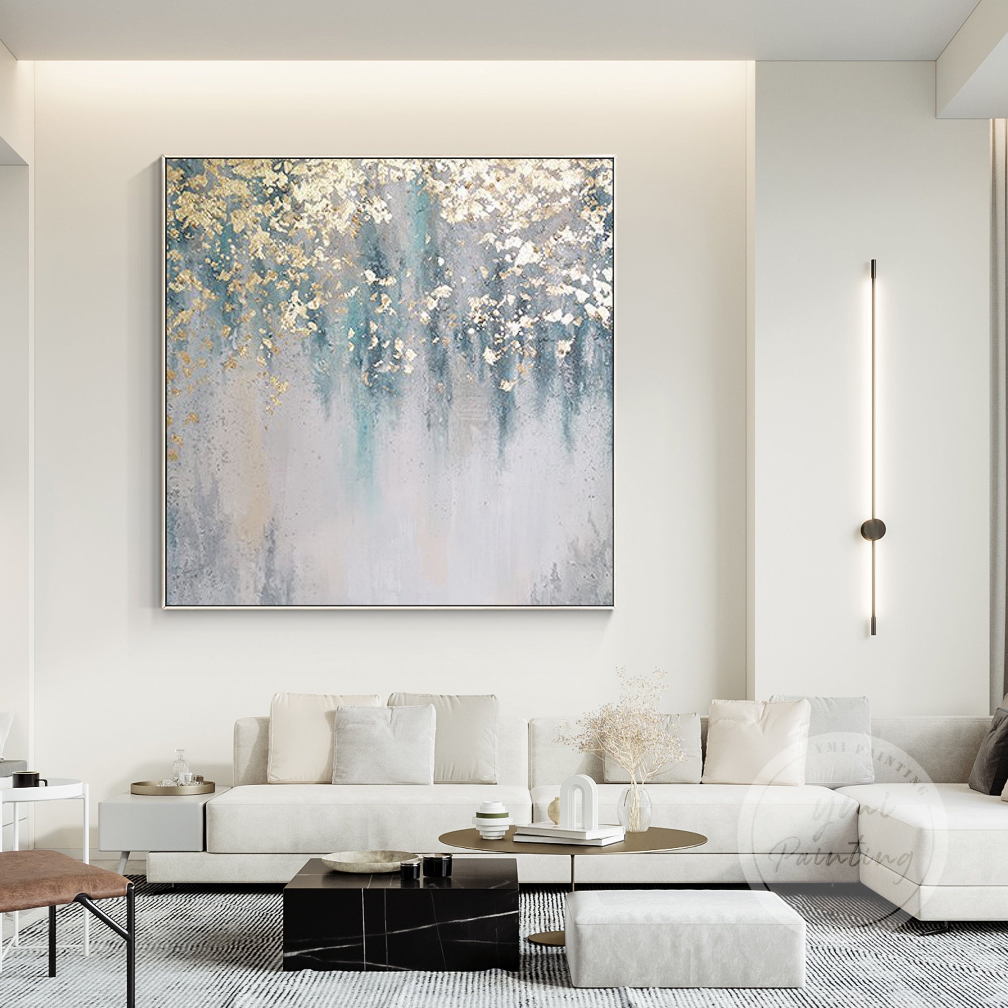 Square textured wall art with gold accents on a green and teal background, creating a serene and sophisticated atmosphere.